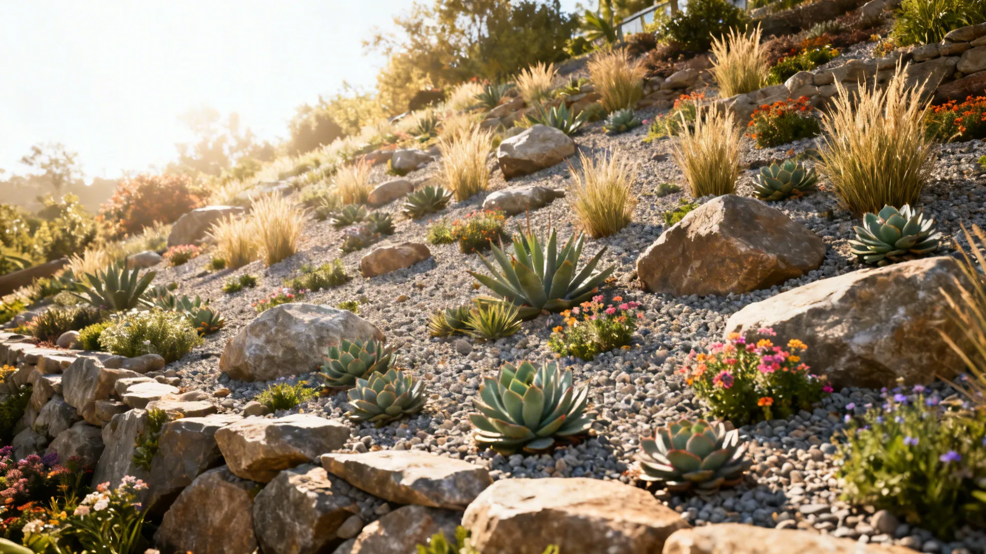 Rock garden on a slope with succulents, ornamental grasses and gravel mulch.