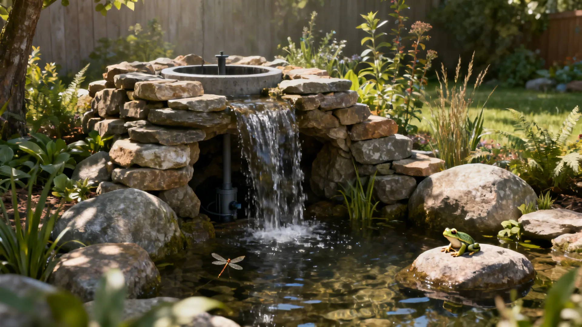 Small rock grotto mini-falls with stacked stones, native plants, and hidden pump well.