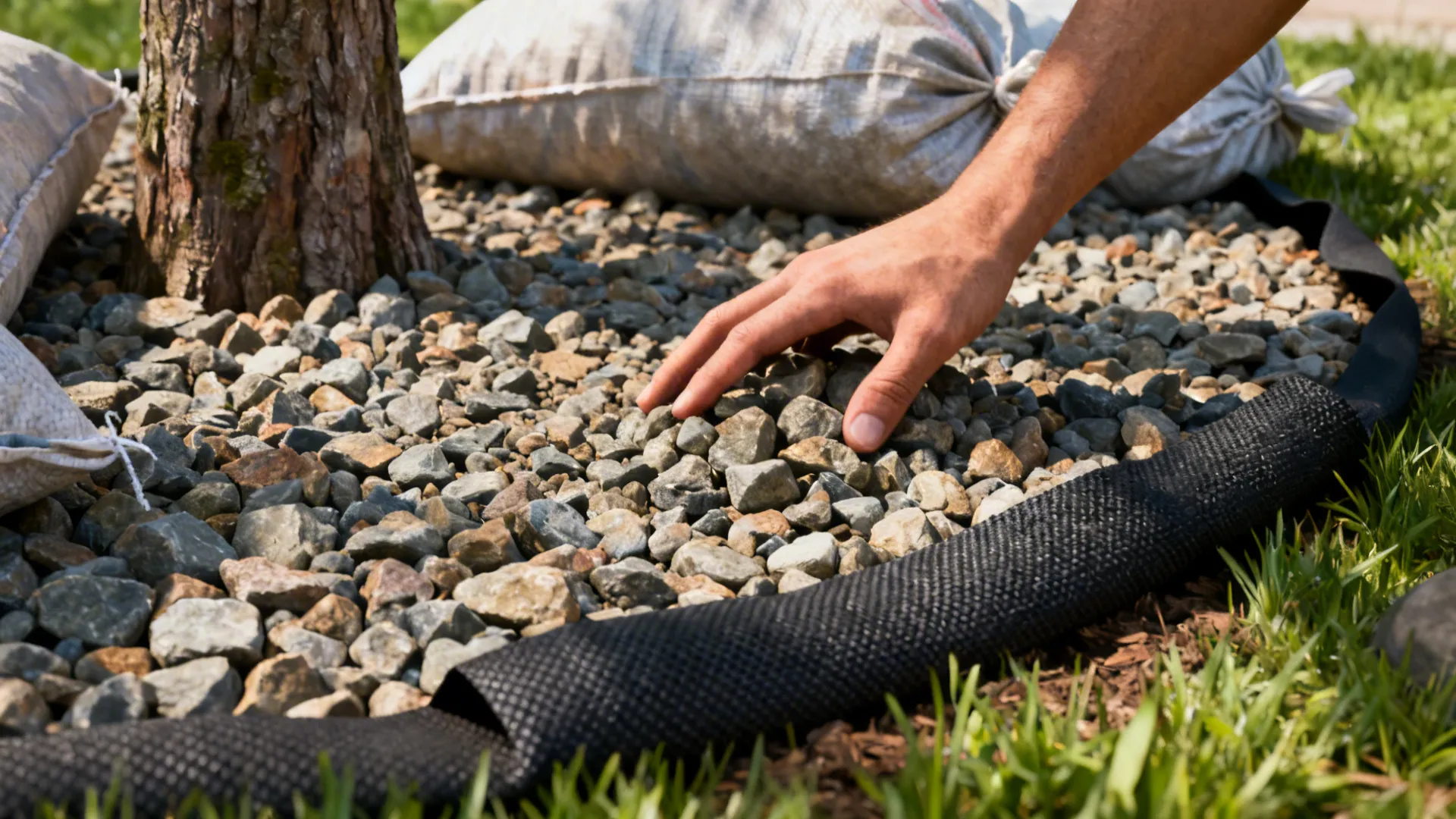 Hands spreading a 2–3 inch rock layer over geotextile fabric with bags of local rock nearby.