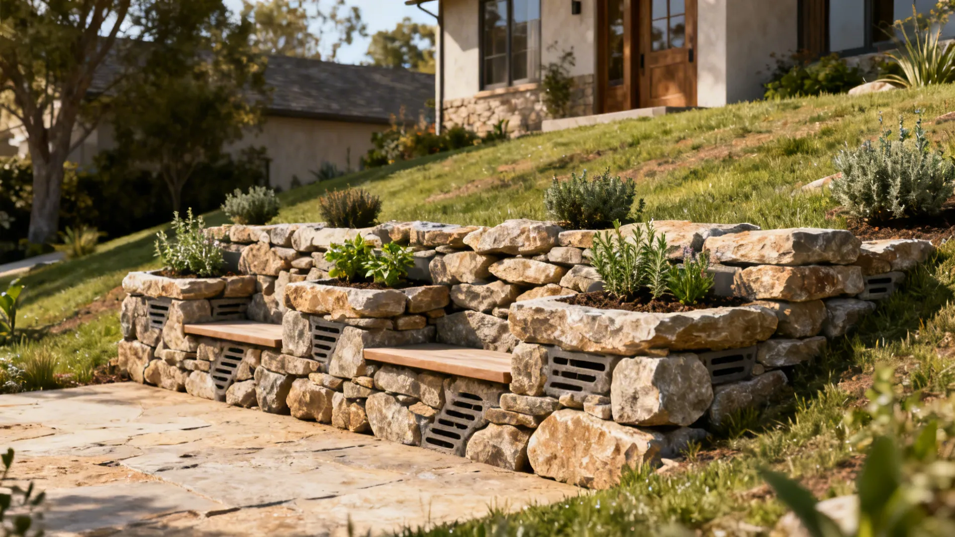 Dry-stack rock retaining wall with built-in planters and herbs on a small sloped front yard.