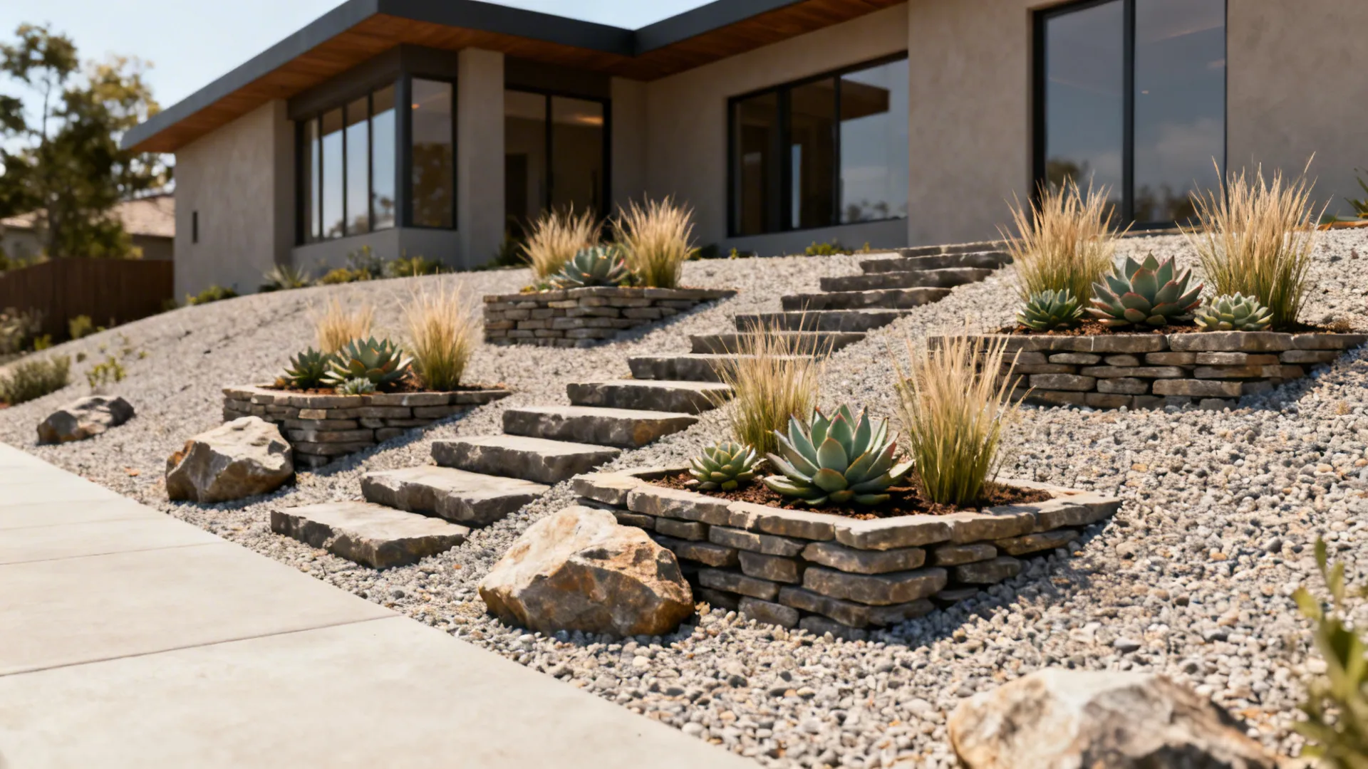 Sloped front yard with rock steps and stacked stone terraces planted with succulents and grasses.