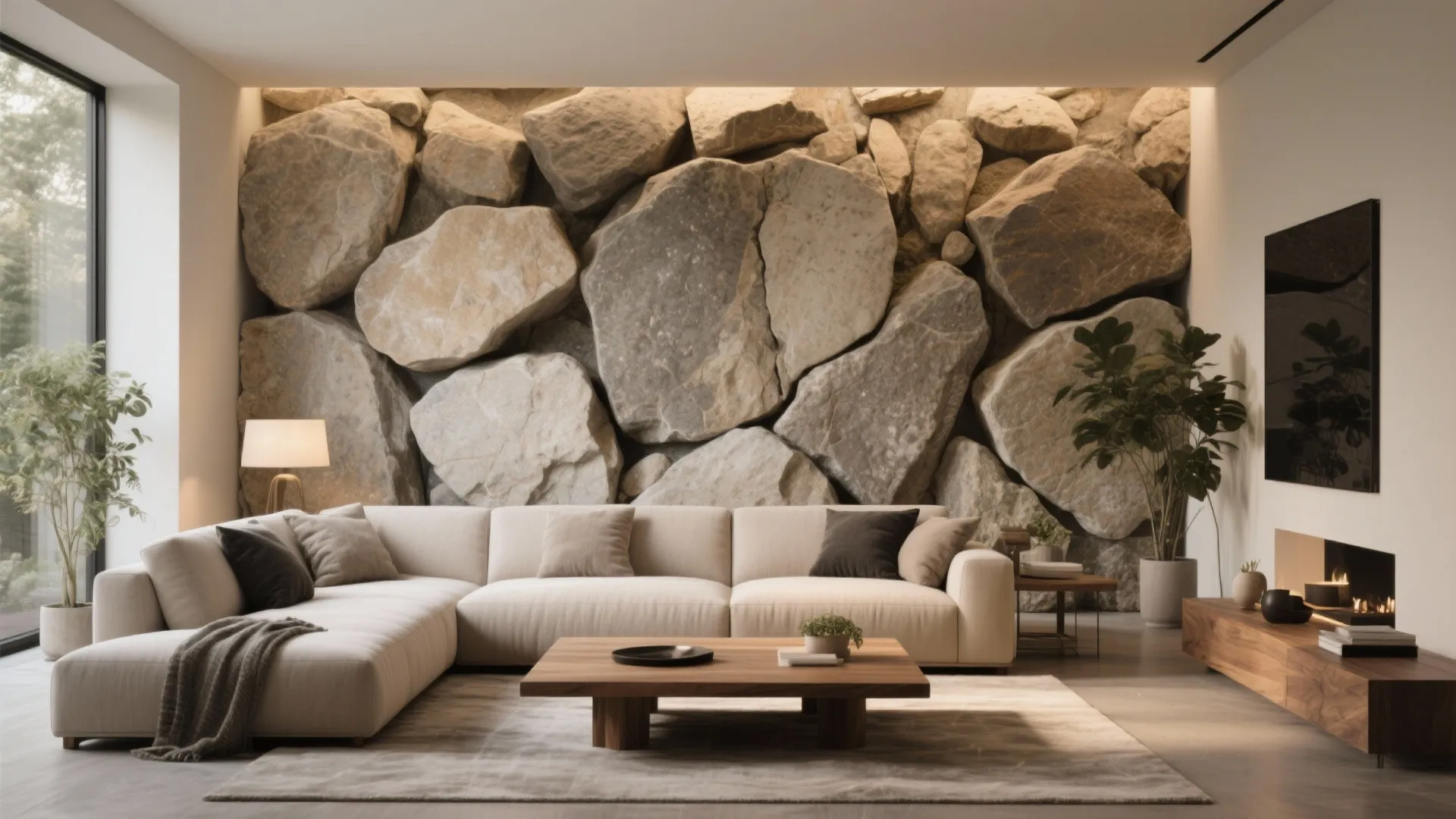 Modern living room with rock wall white sofa wooden coffee table green plants and fireplace