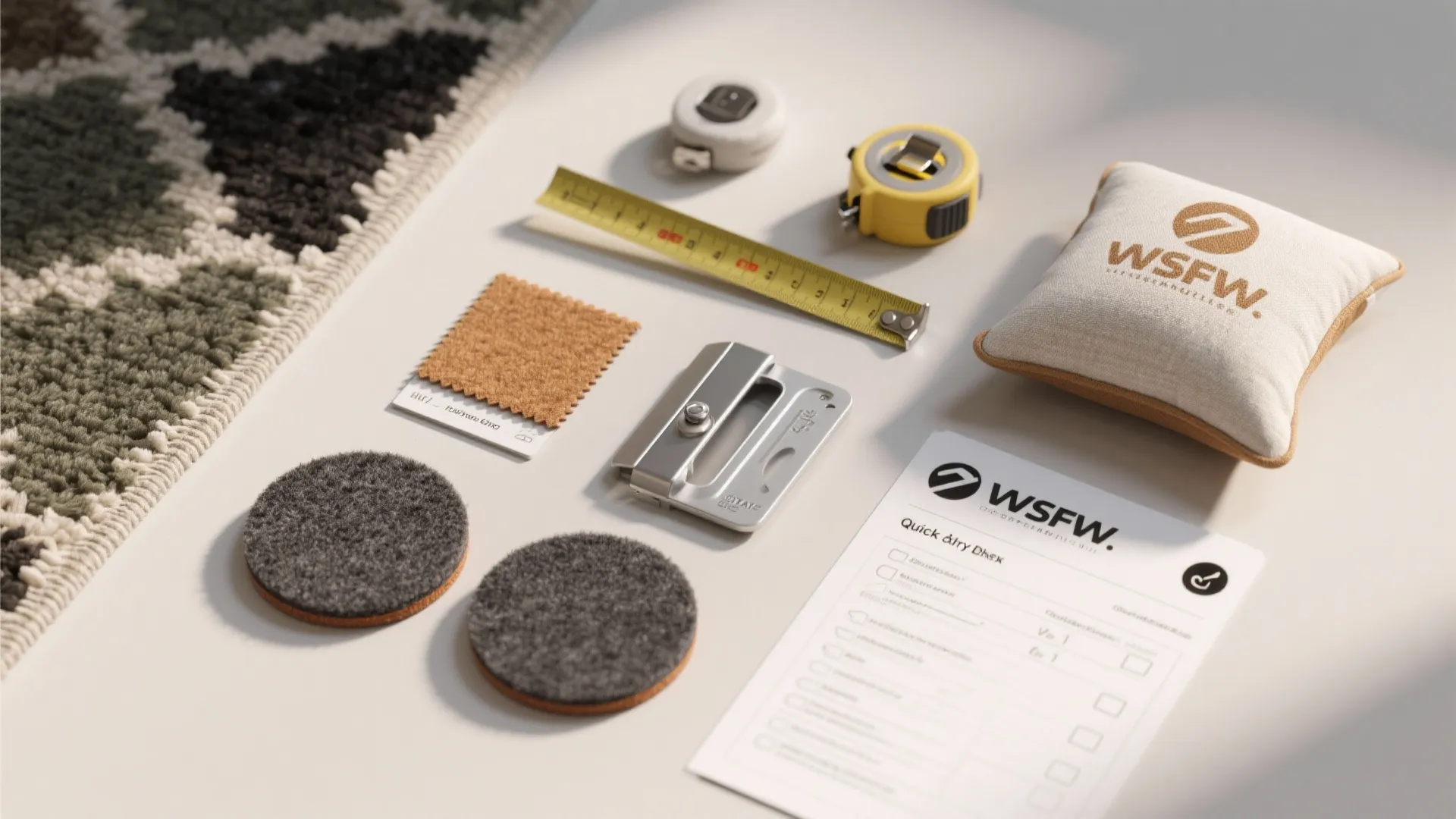 Flatlay of rocker accessories including felt pads, cushion swatches, measuring tape, hinge sample, and a clearance checklist.