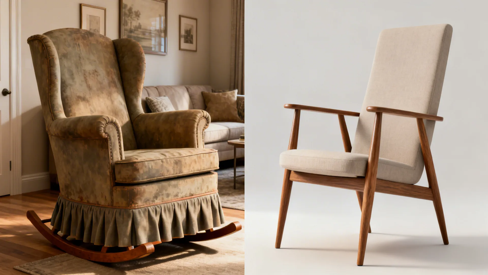 Before and after comparison showing old rocking chair versus a modern minimalist beige wooden chair