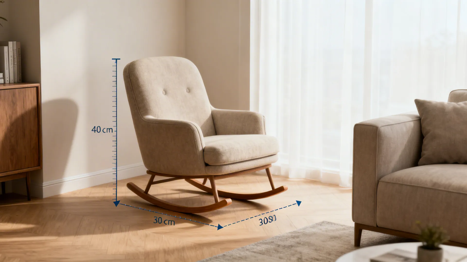 Beige rocking chair in a living room with dimension lines showing height and floor clearance