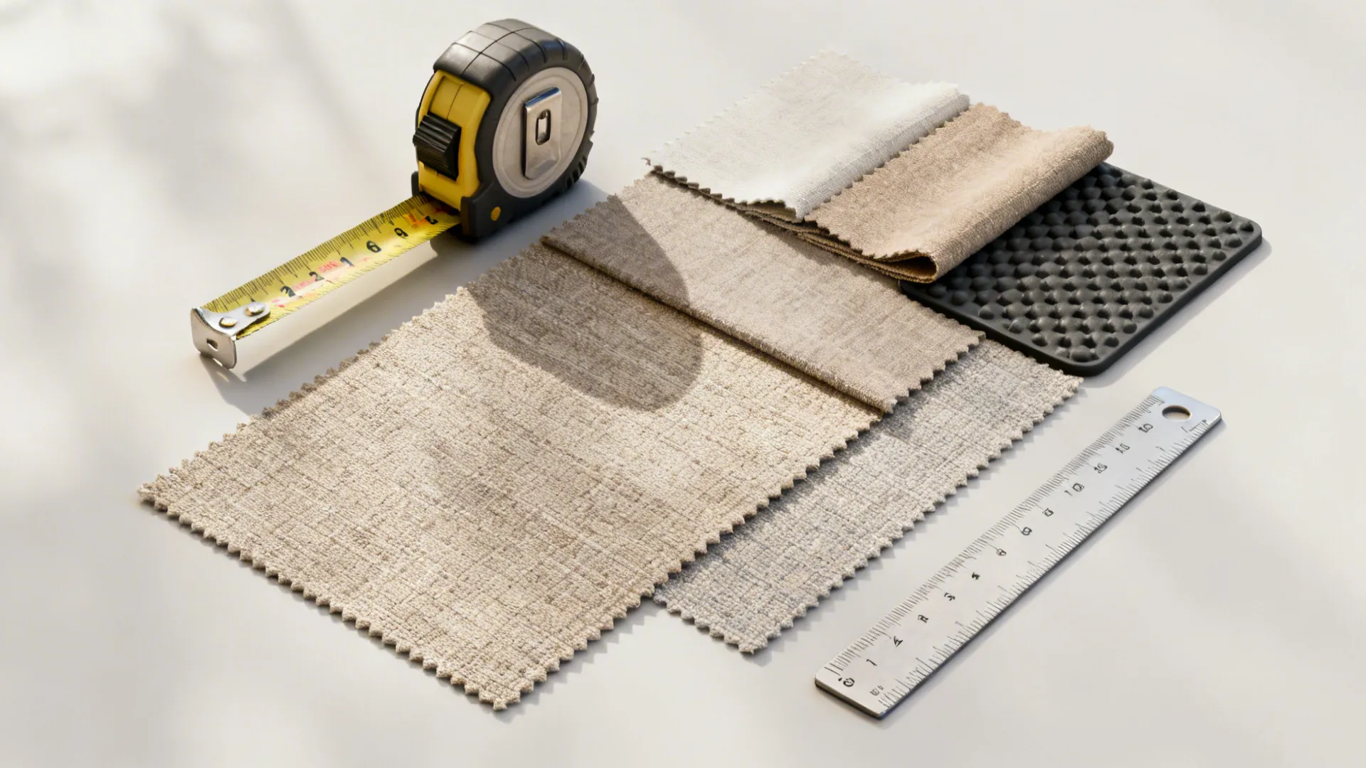 Flatlay of upholstery swatches, measuring tape and non-slip pad for rocker planning