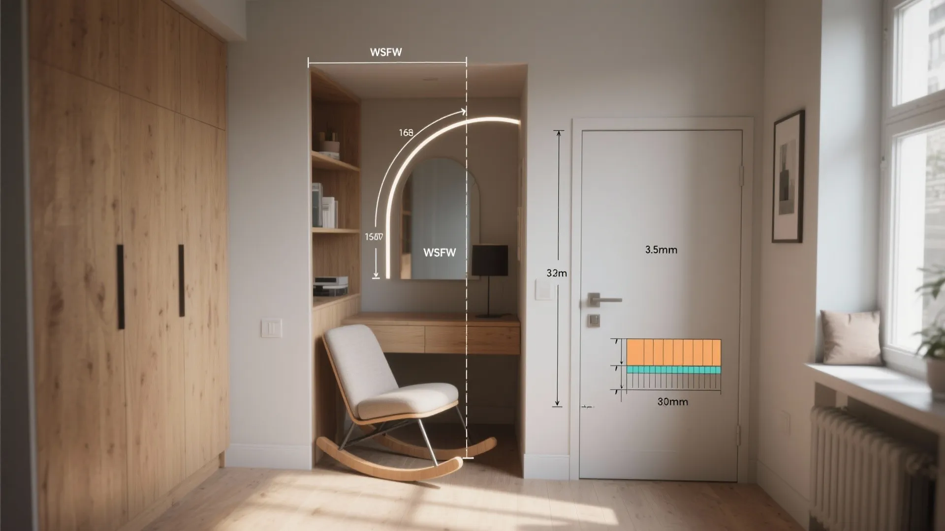 Studio interior showing a compact rocker with clearance arcs and doorway measurements overlaid for guidance.