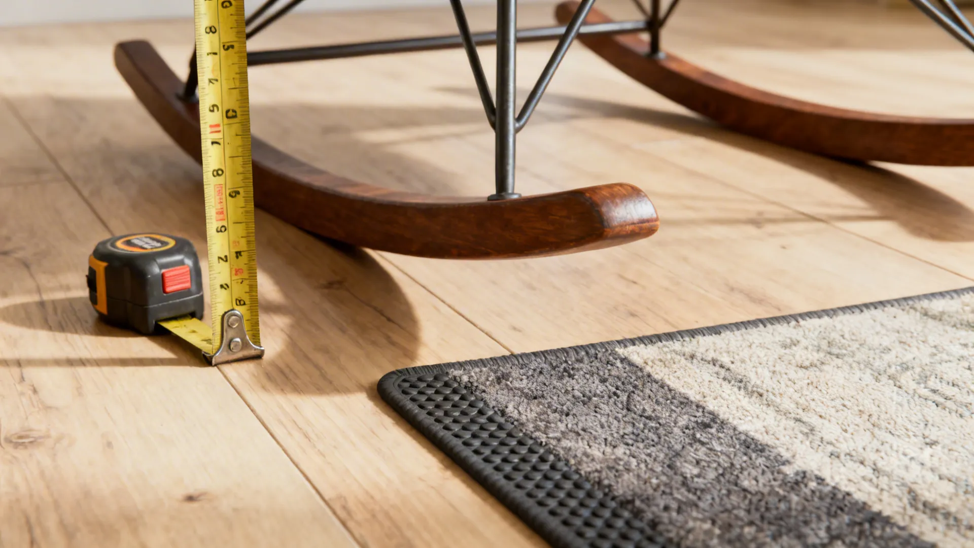 Measuring tape next to a small rocker showing clearance and a non-slip rug corner