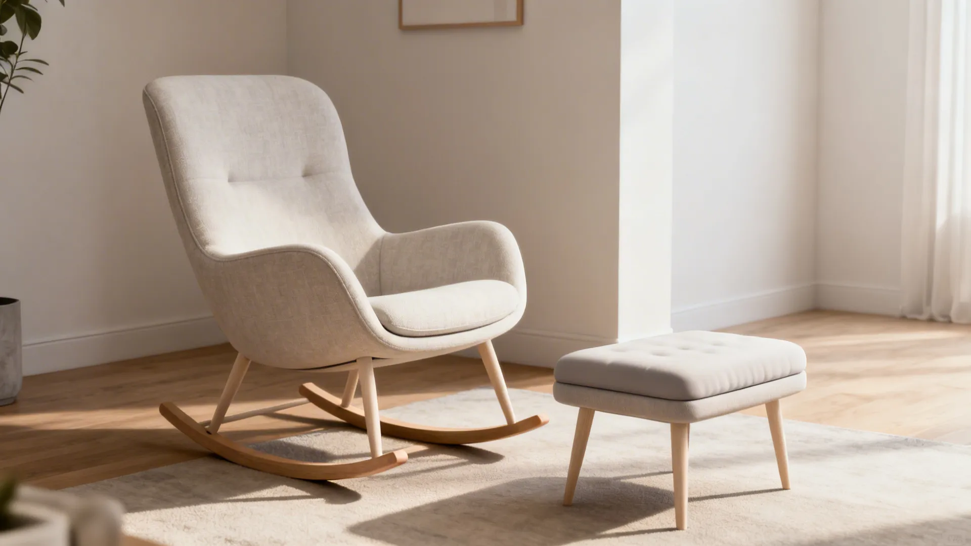 Modern beige rocking chair and matching footrest placed on a rug in a bright room