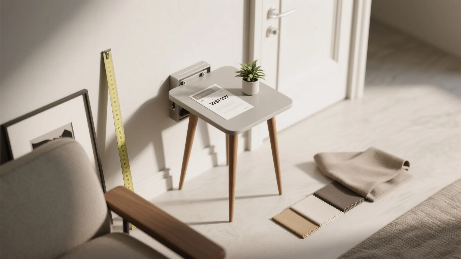Flatlay of slim legs, narrow side table, wall-hugger mechanism, measuring tape and fabric swatches for small-space solutions.