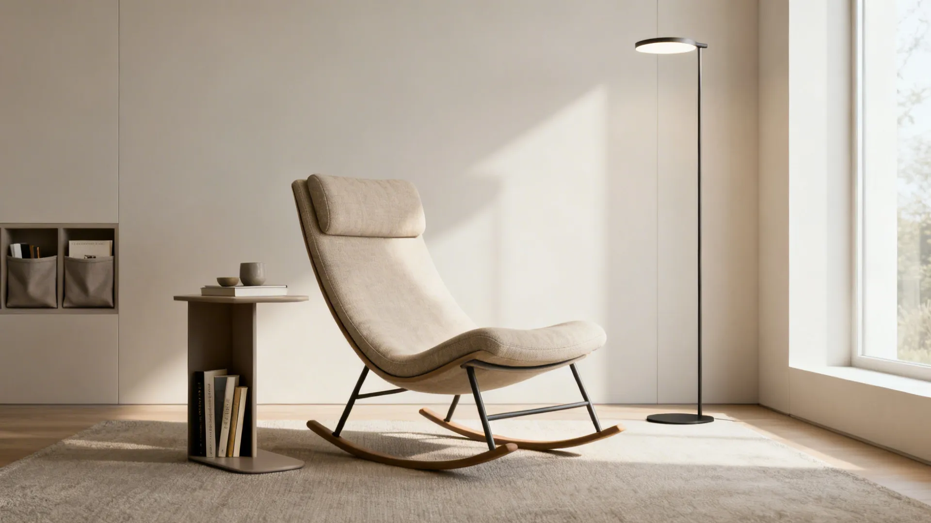 Cozy reading corner with a slim rocker, narrow side table and floor lamp in a small living room