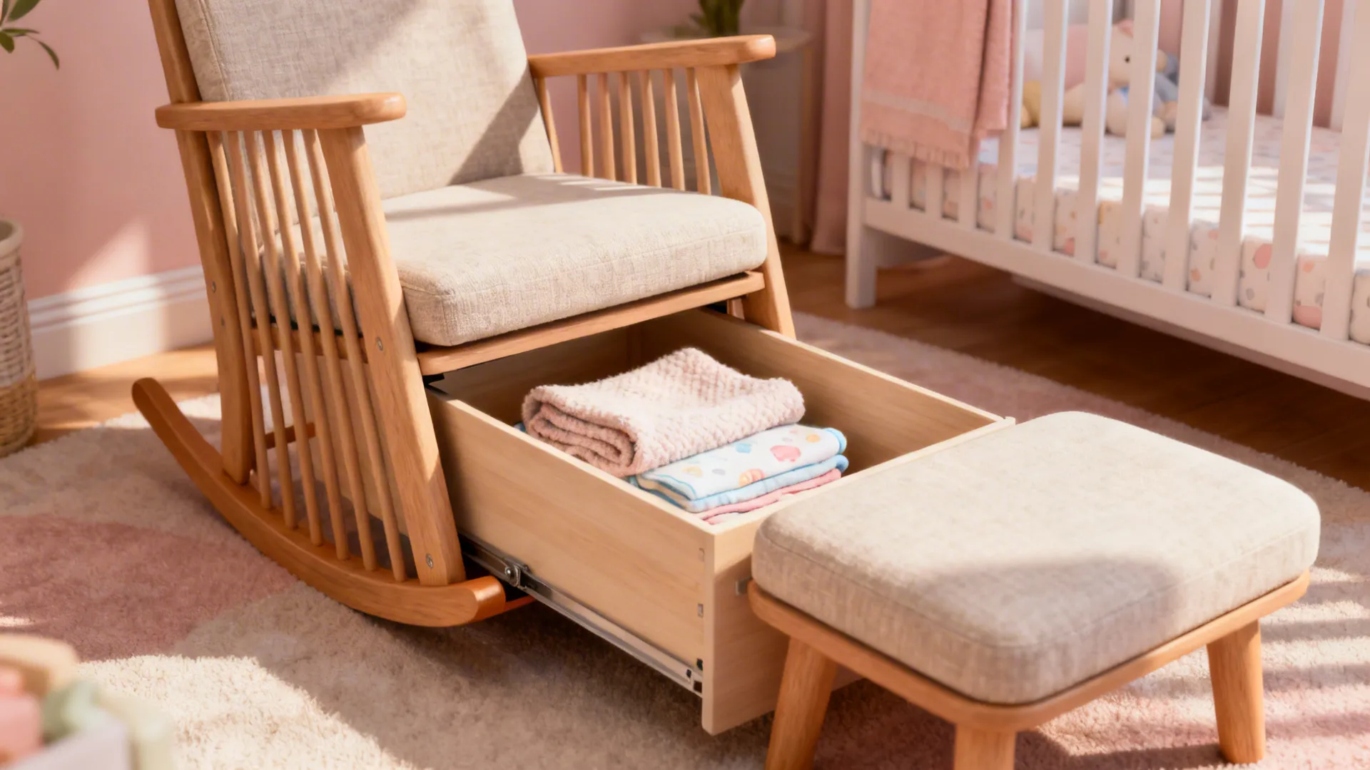 Slim rocking chair with hidden storage compartment and lift-up ottoman