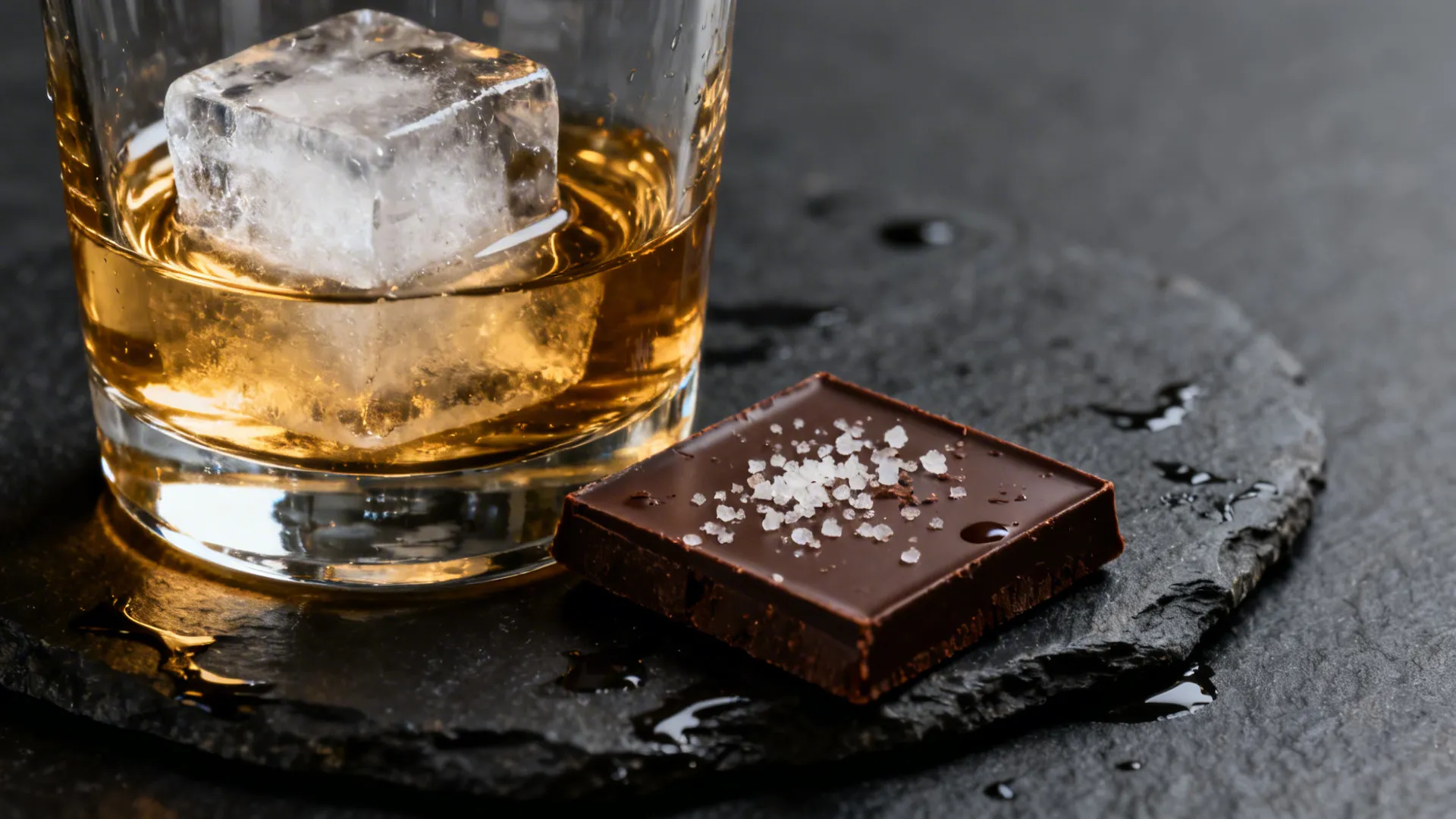 Close-up of a rocks glass with a clear cube and dark chocolate with sea salt on a charcoal surface.