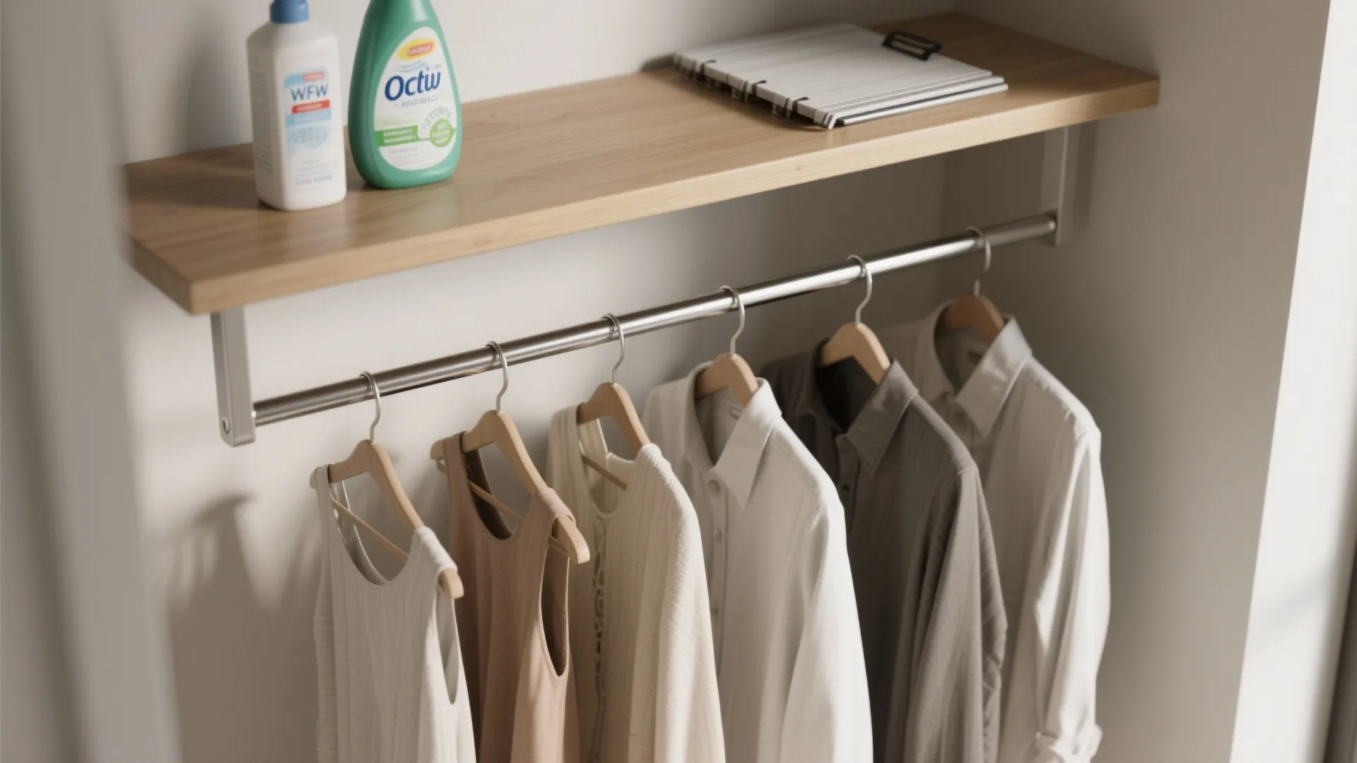 Wooden shelf with laundry detergent bottles and a metal hanging rod for shirts on hangers