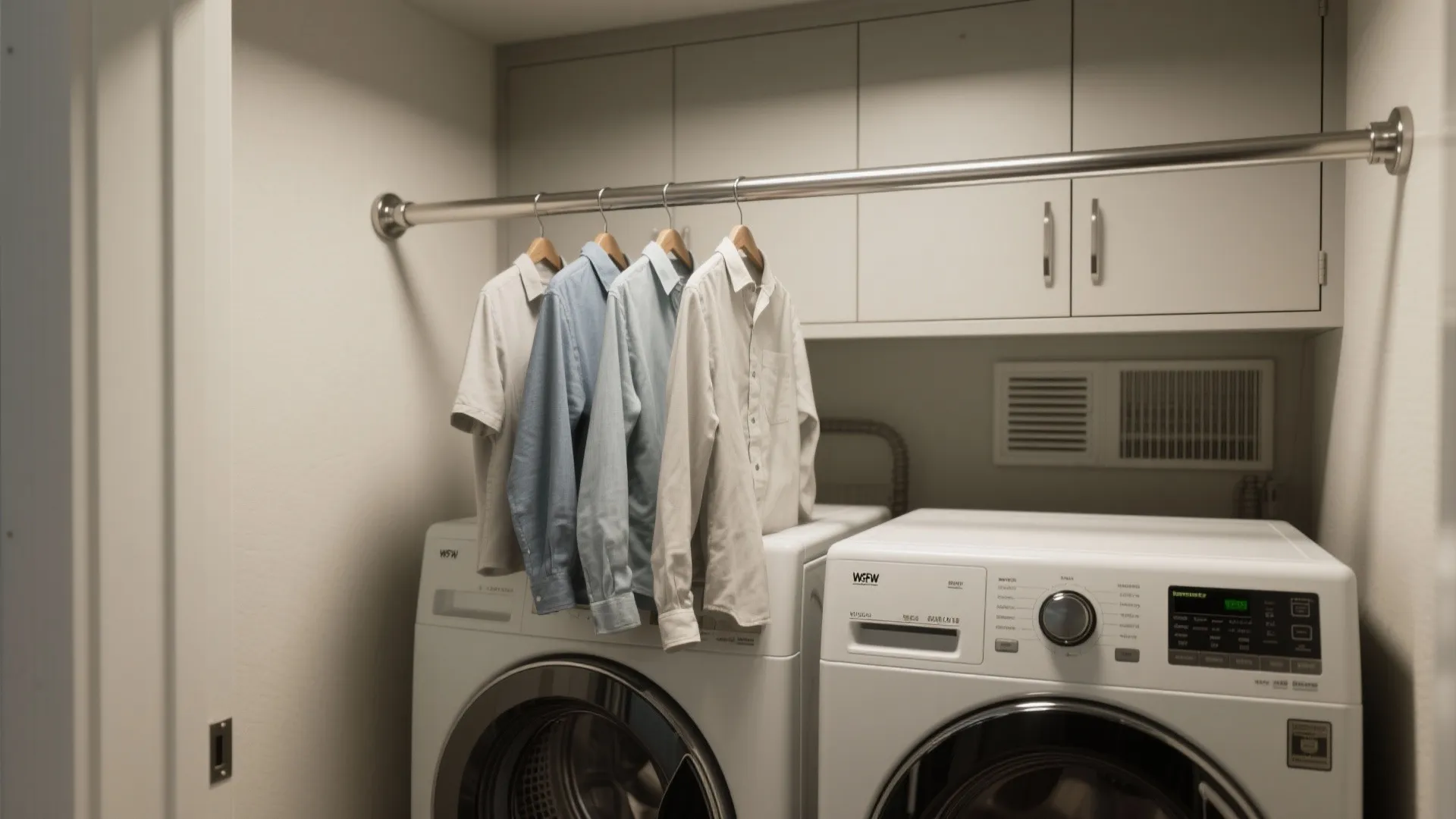 Modern laundry room with metal drying rod above a front loading washer and dryer set