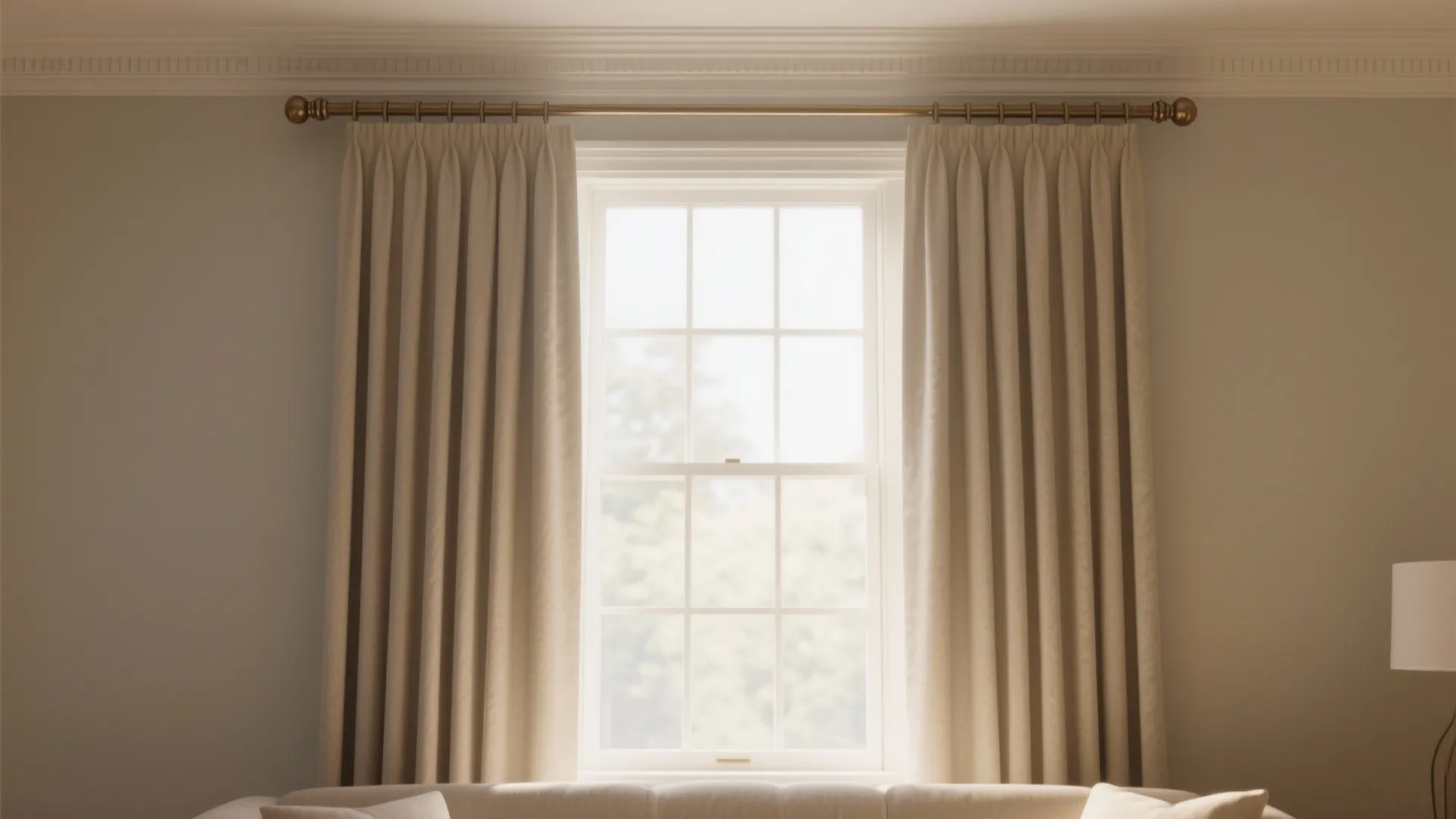 Beige curtains hanging on a gold rod over a white window in a modern room
