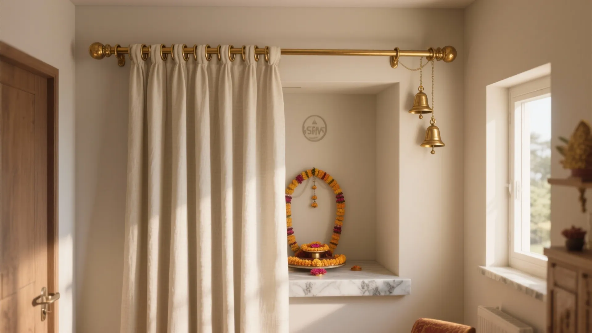 Cream curtain on a gold rod next to a window and small marble shelf area