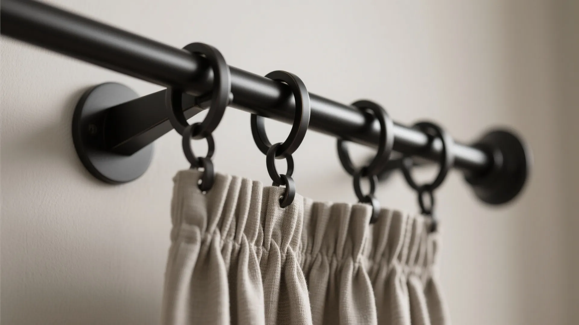 Macro of extended curtain rod hardware with ripple-fold carriers and matte black finish.