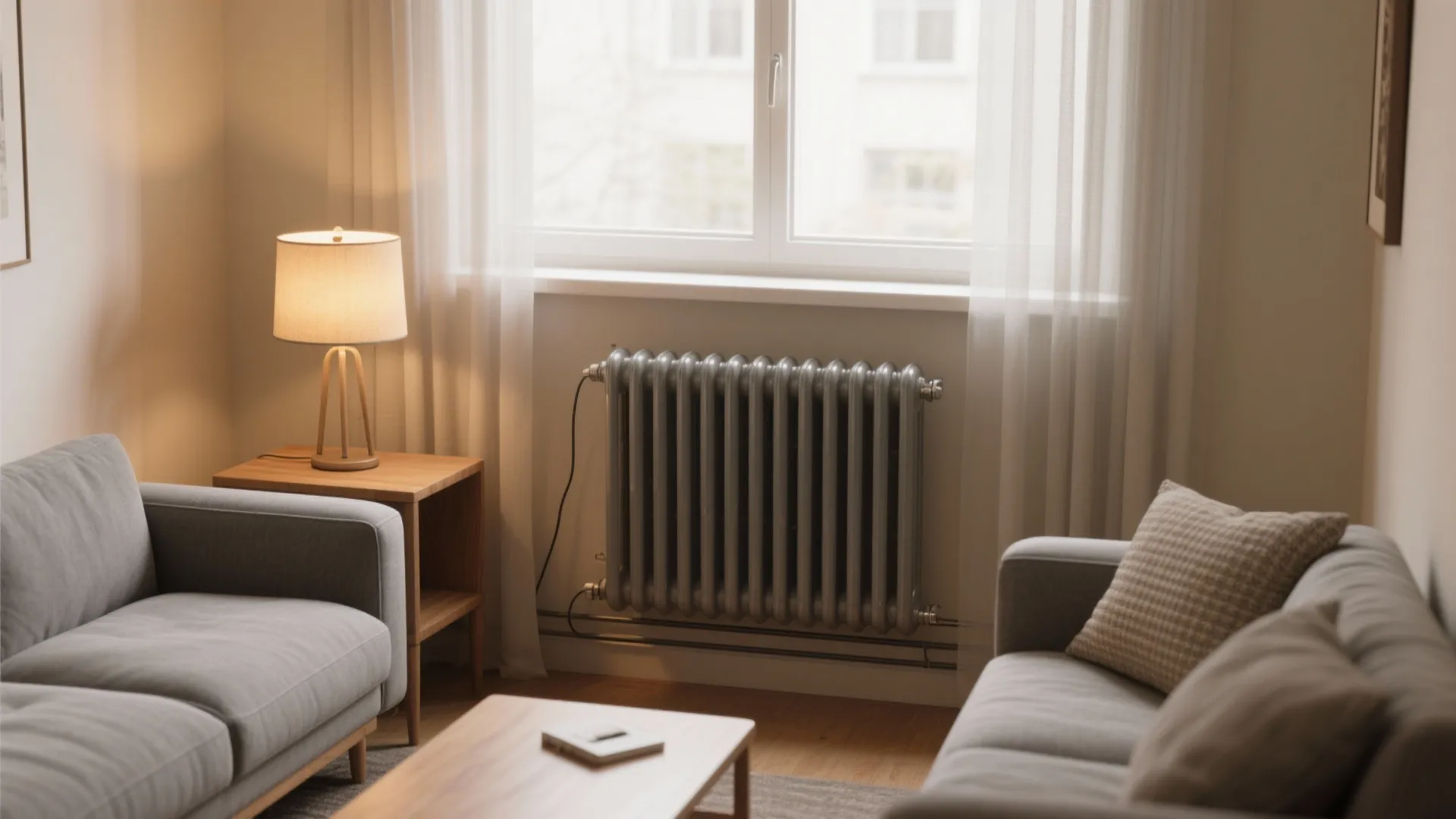 Modern living room with grey sofas wooden side table table lamp and heater under window