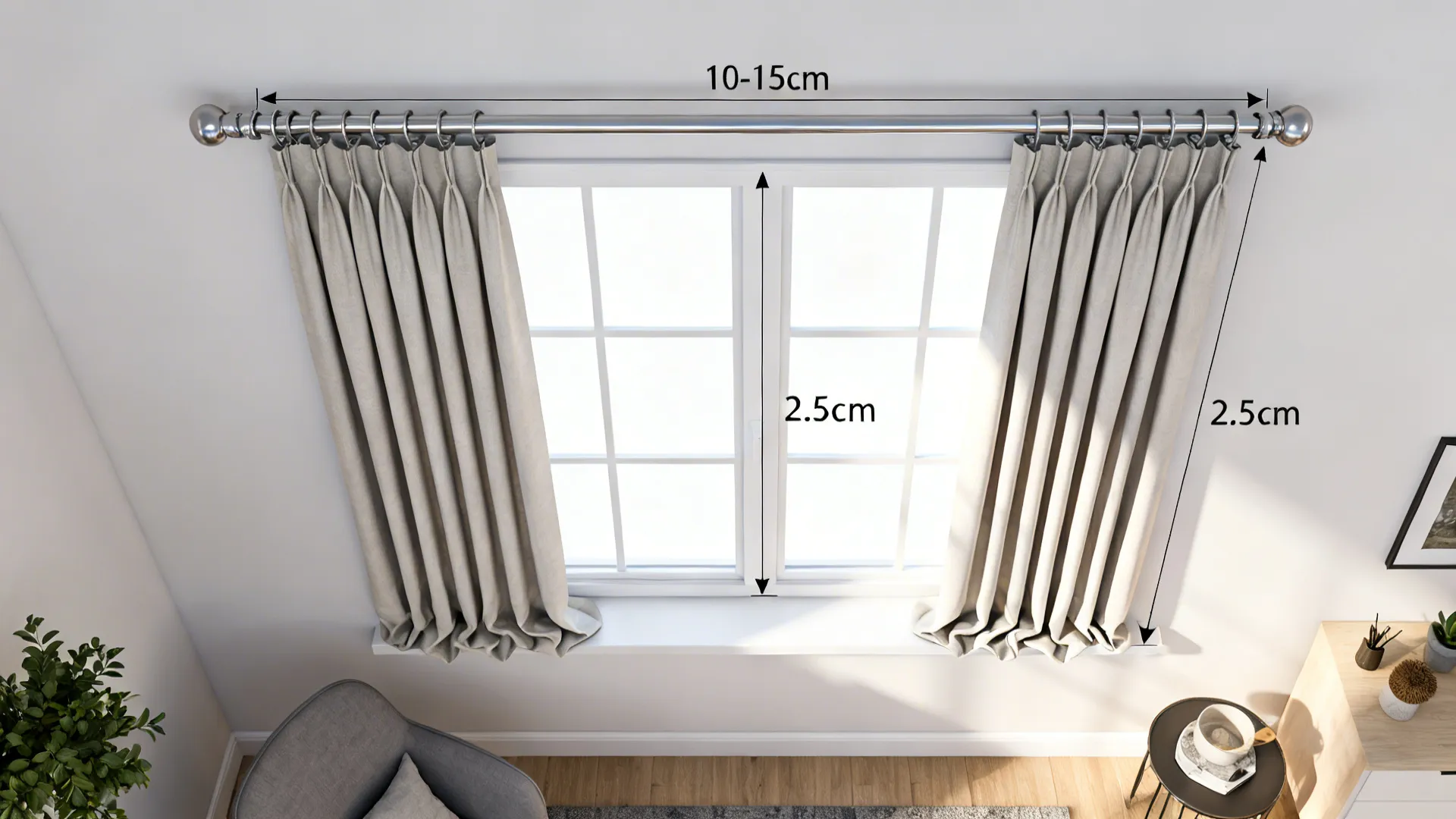 Diagram-style image showing curtain rod height and recommended fullness for a window