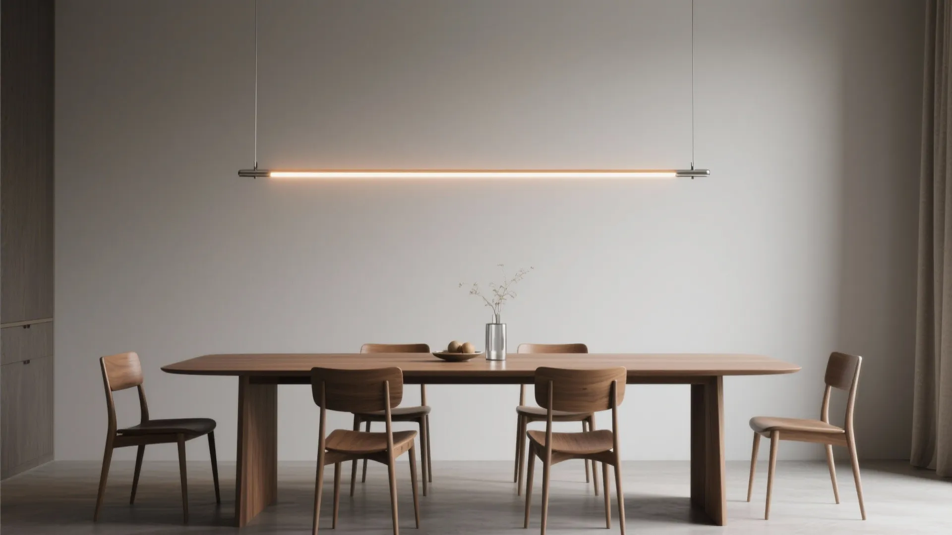 Modern dining room featuring long wooden table with matching chairs and linear warm ceiling light