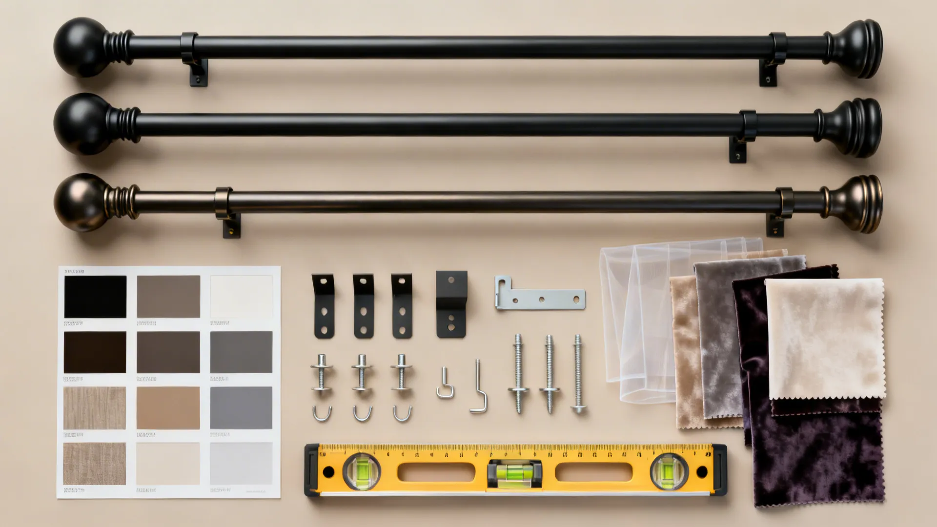 Flatlay of matte and satin black rod samples, finials, anchors, and fabric swatches for curtain planning.