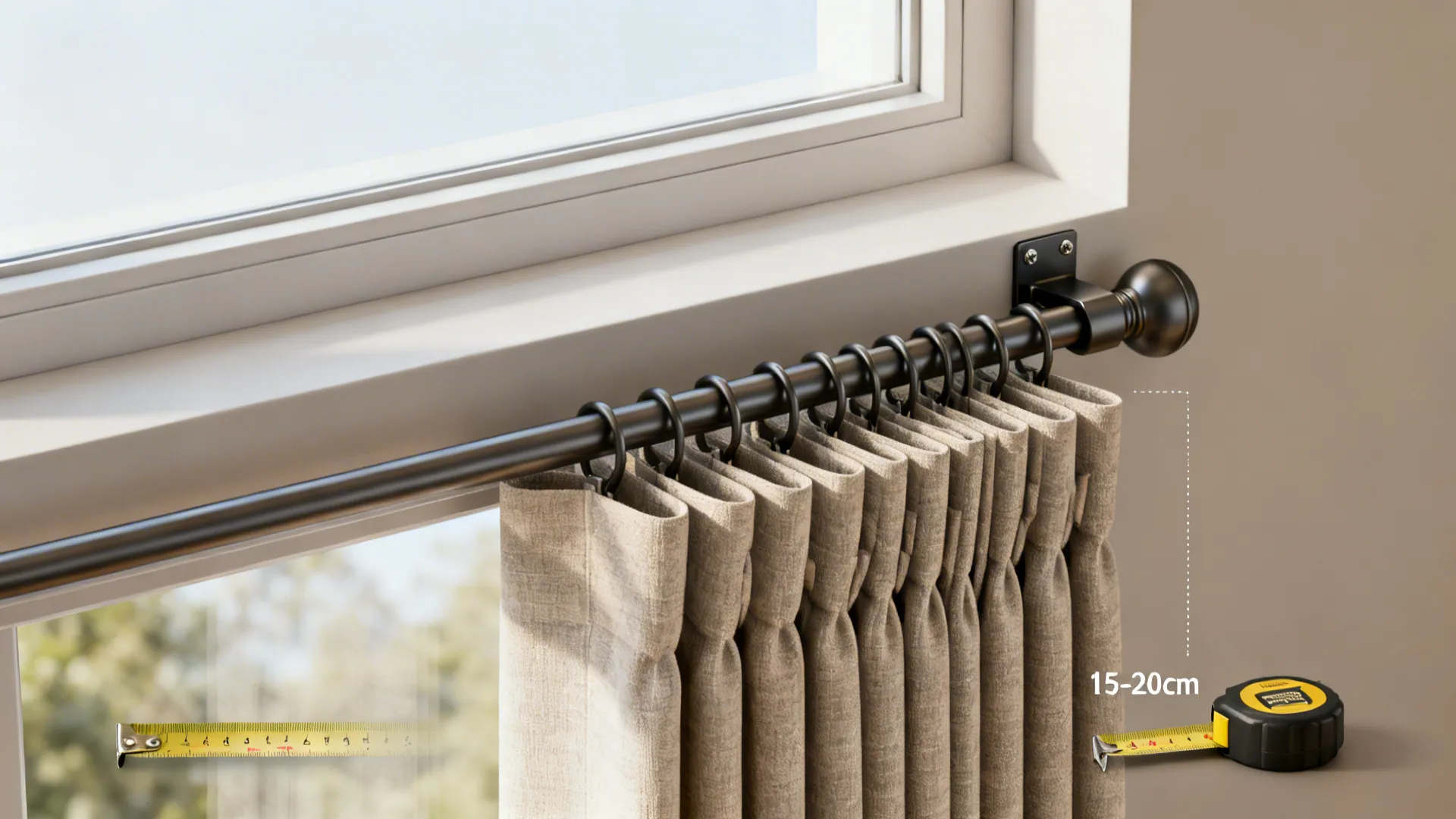 Curtain rod extended 15–20cm beyond the window frame showing curtains stacked off the glass.