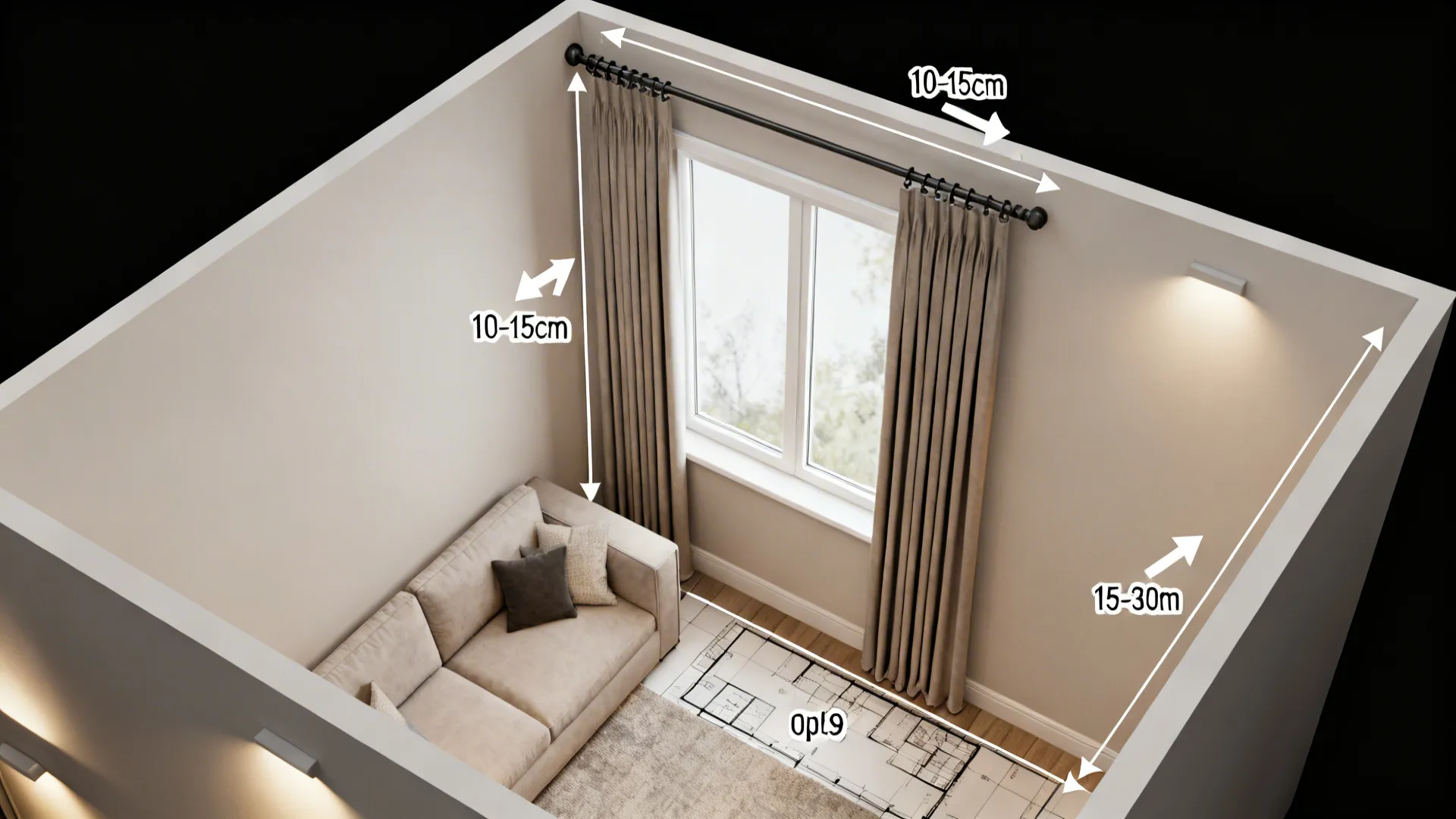 Top-down interior diagram showing recommended rod height and extension for small living rooms.