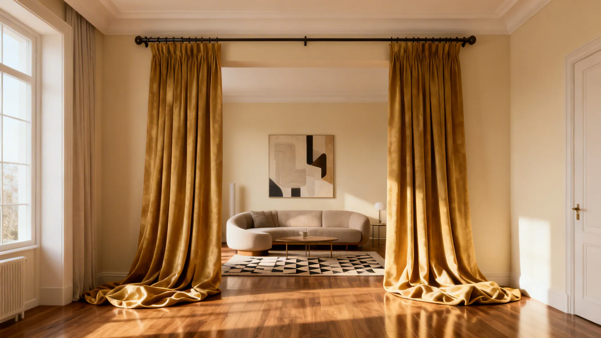 Low-ceiling living room with curtain rod mounted near ceiling and long puddled panels