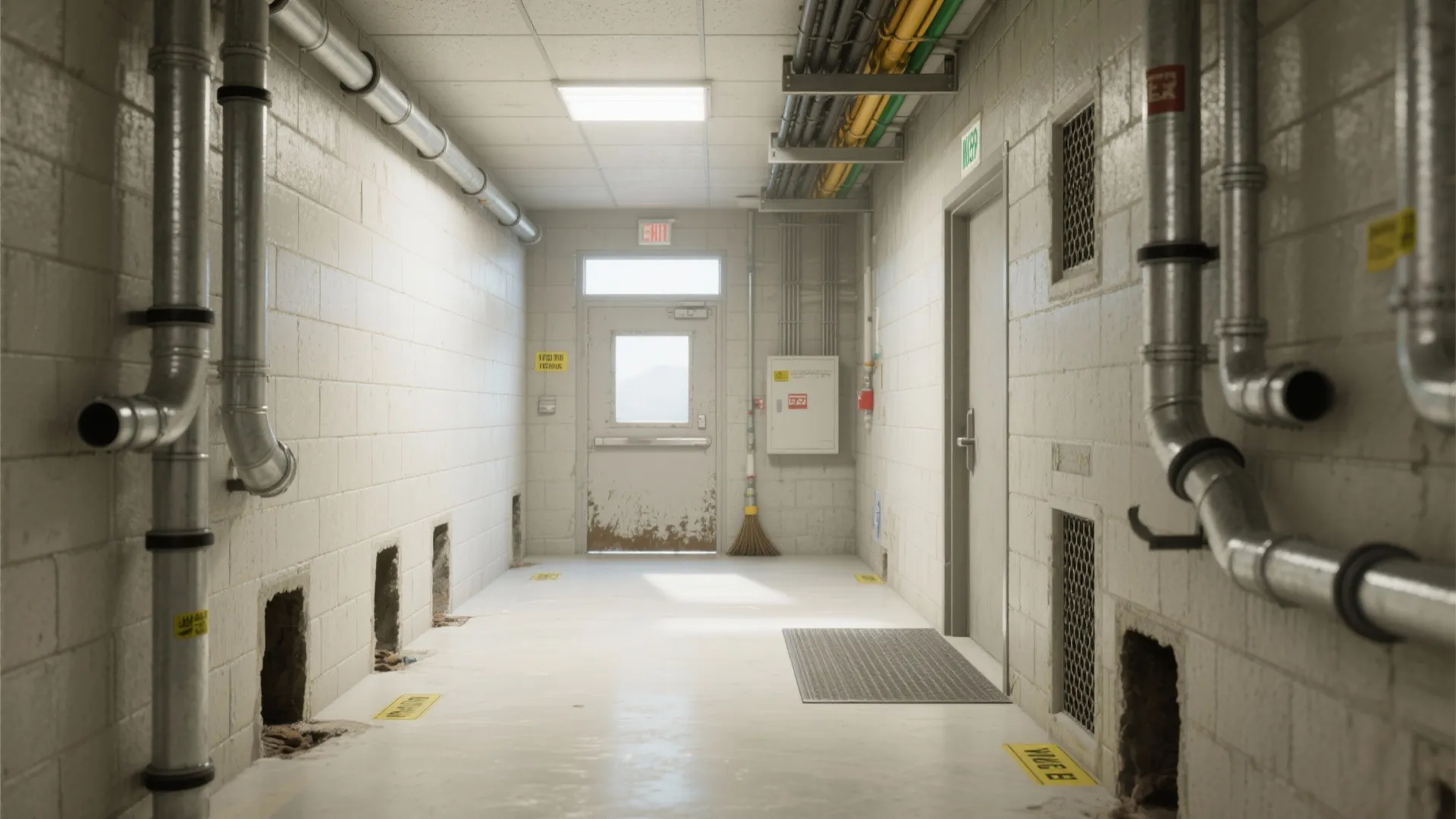 Clean industrial hallway with white brick walls and metal pipes showing several floor level openings