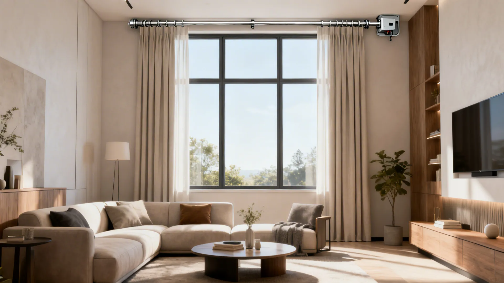 Modern living room featuring large window beige curtains on metal rod sofa and wooden cabinets