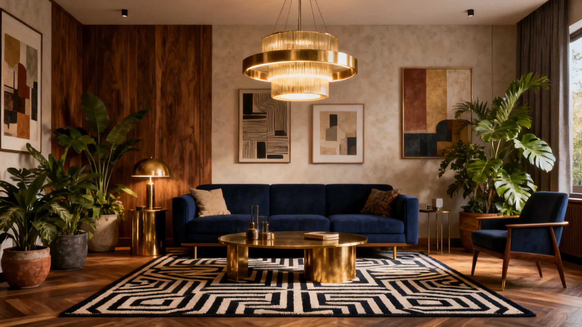Mid-century modern living room with a navy sofa, statement lamp, and brass accents