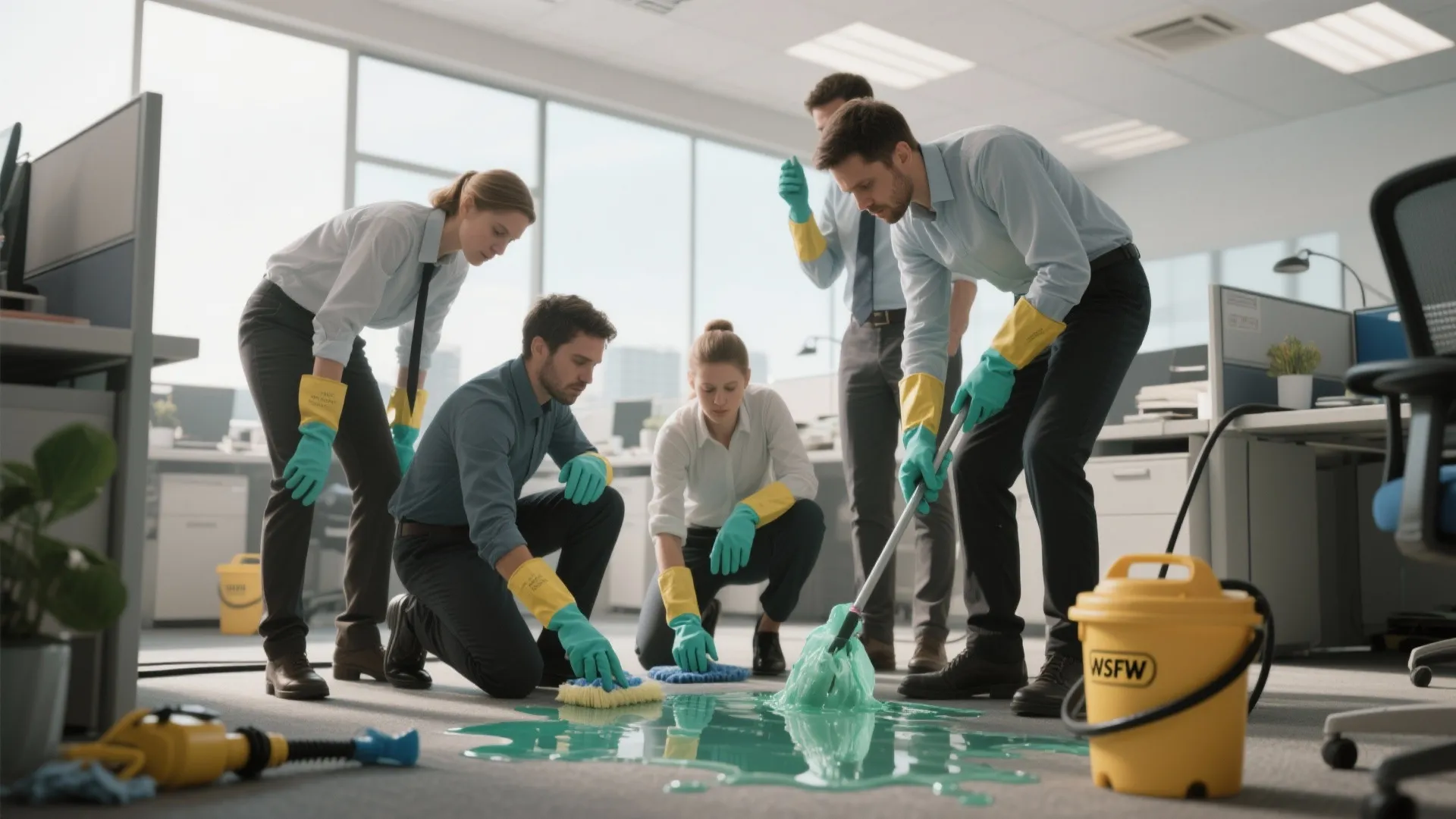 Office workers in gloves cleaning up green liquid spill on the floor with mops and