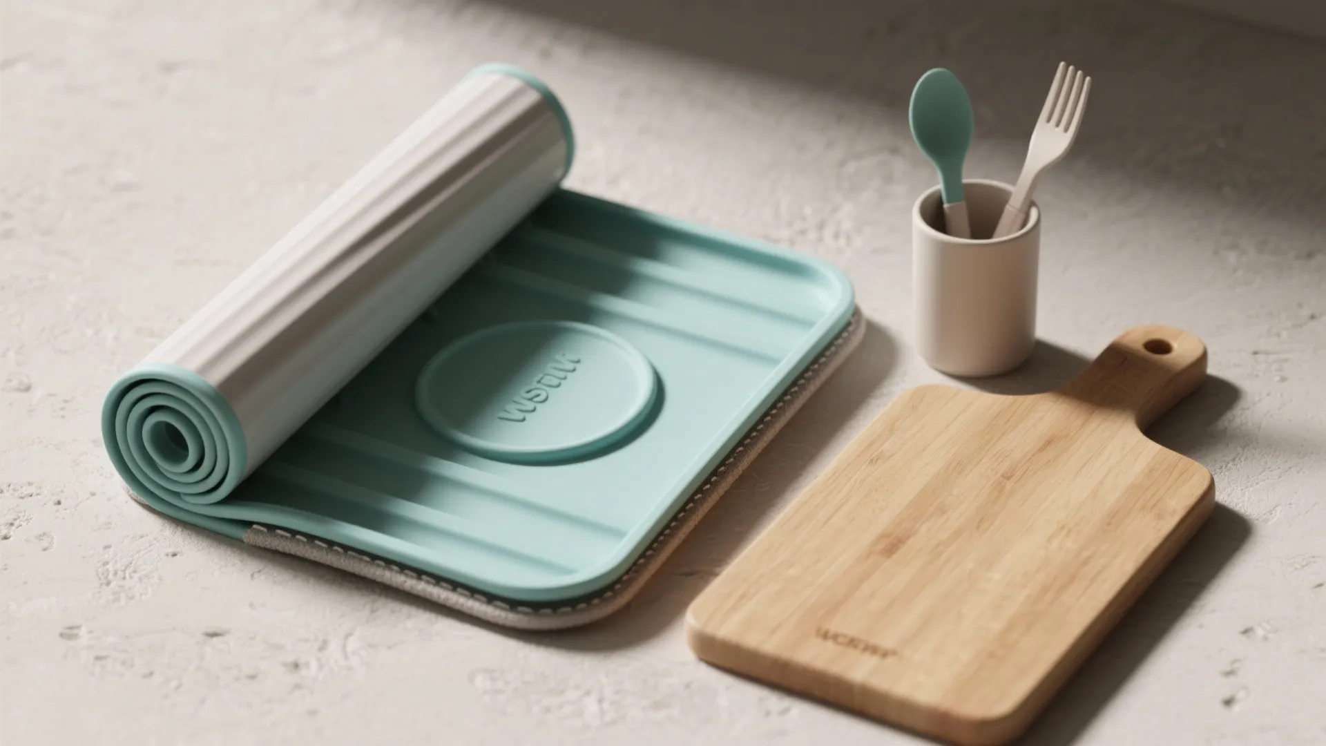 Blue roll up drying mat placed on counter next to wooden cutting board and utensils
