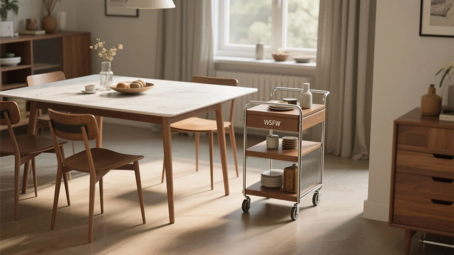 Small wooden rolling storage cart next to marble dining table in a bright modern home