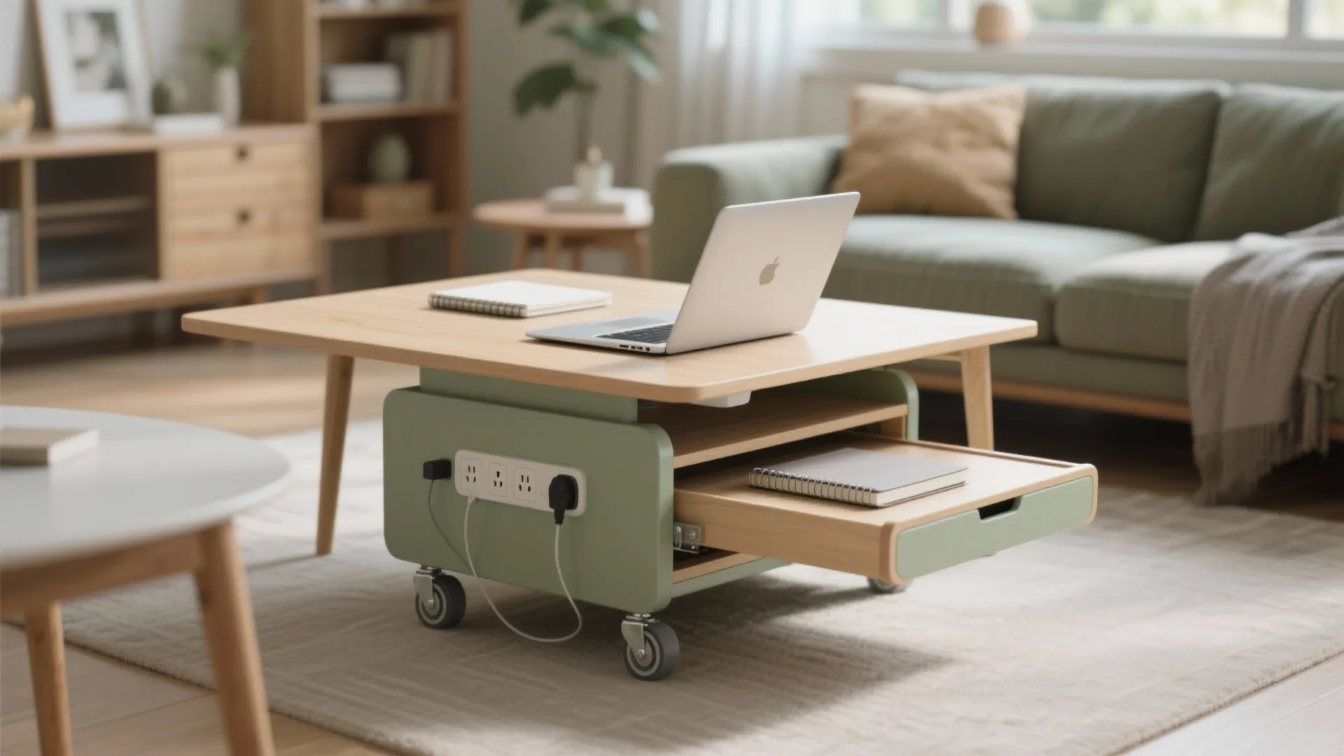 Green mobile coffee table with power outlets and laptop used as a small living room