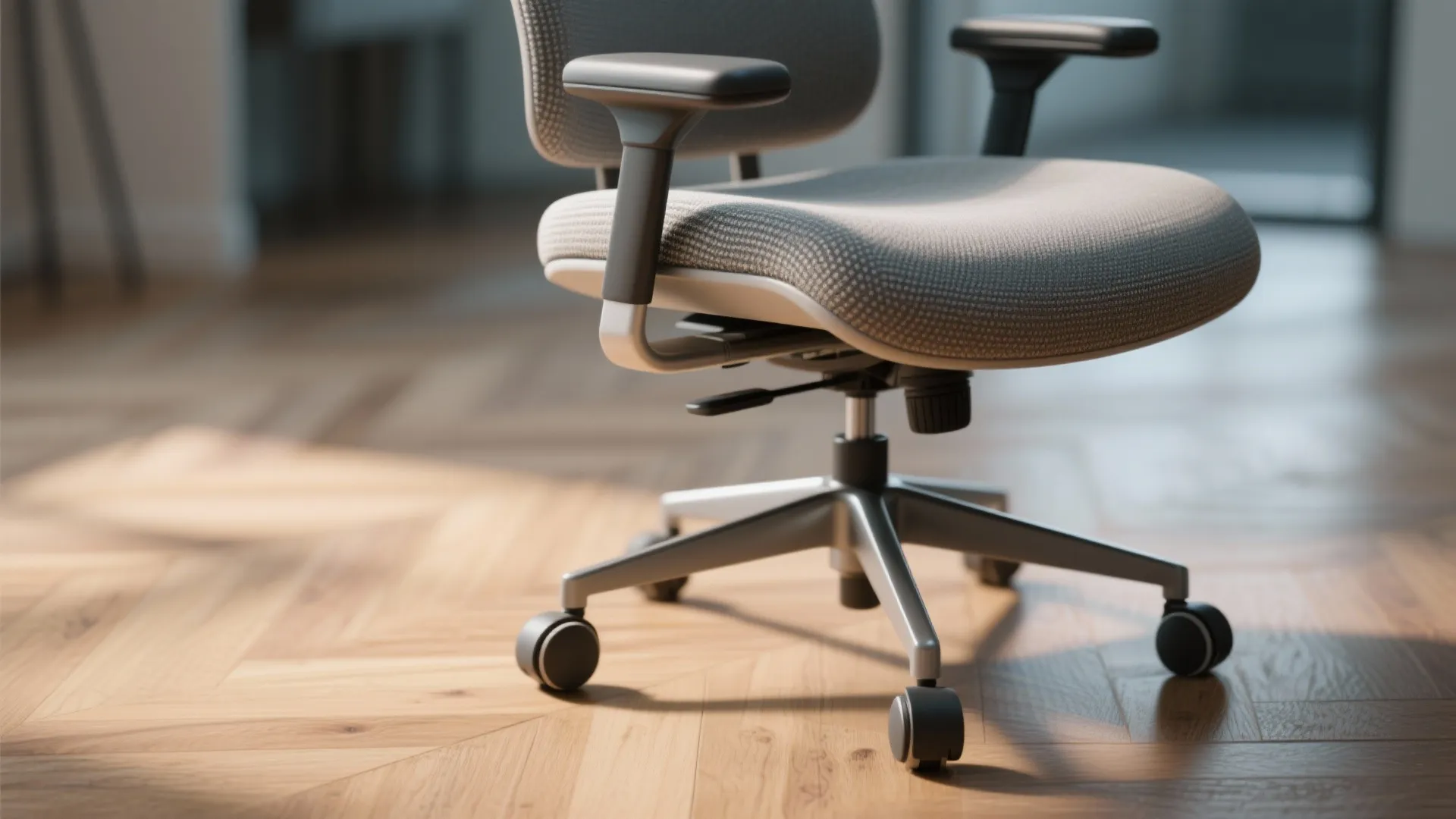 Grey office chair with wheels and armrests sitting on a light wood floor in sunlight