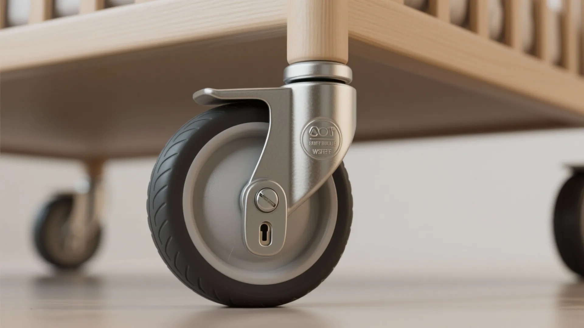 Close-up of a grey rubber wheel attached to a light wooden furniture leg on floor