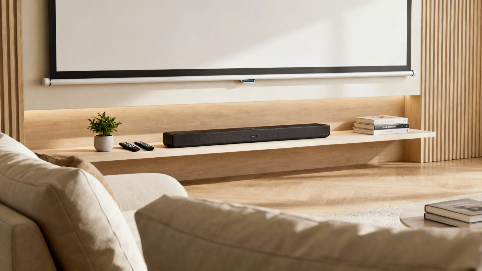 Roll-away projector screen above a sofa with a floating media shelf holding a soundbar and plants