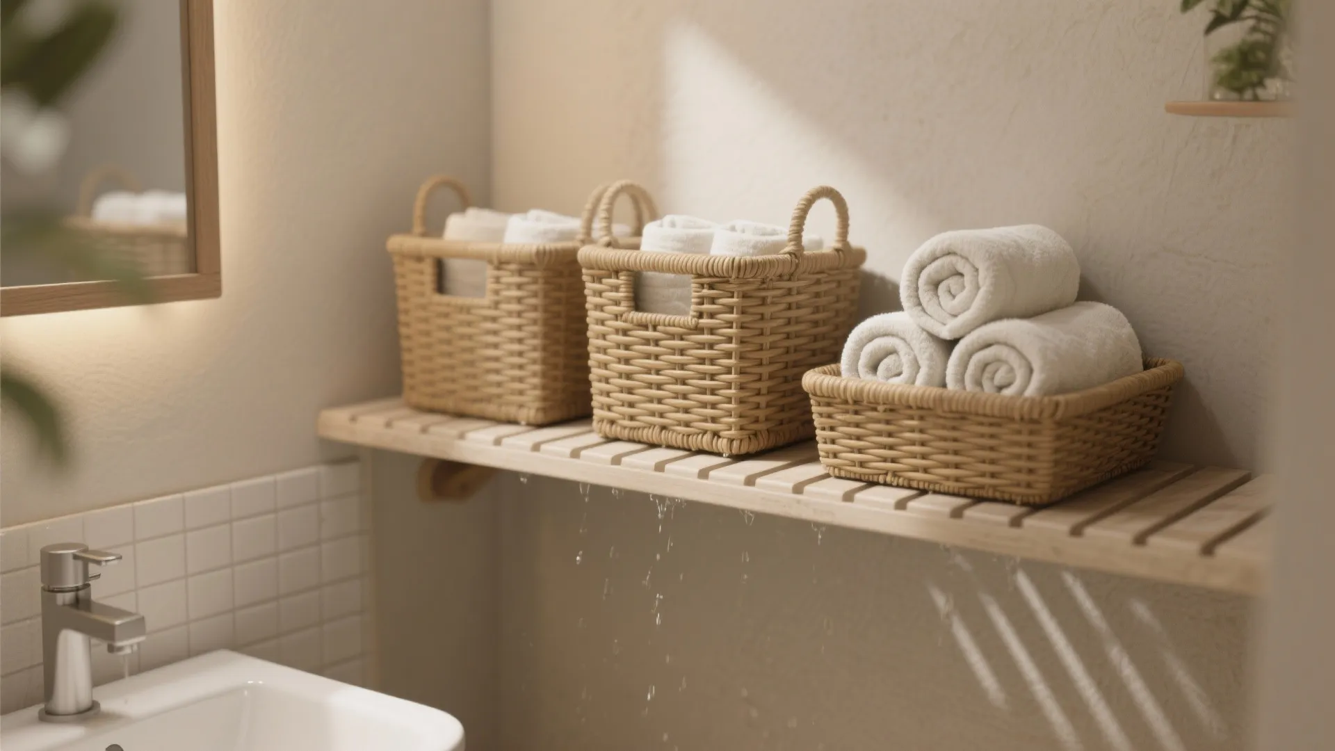 Three woven baskets holding rolled white towels on a wooden wall shelf in bright bathroom
