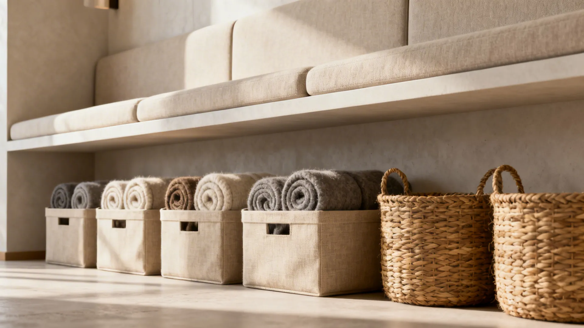 Shallow floating shelf above sofa holding rolled blankets in matching fabric bins for a tidy look.