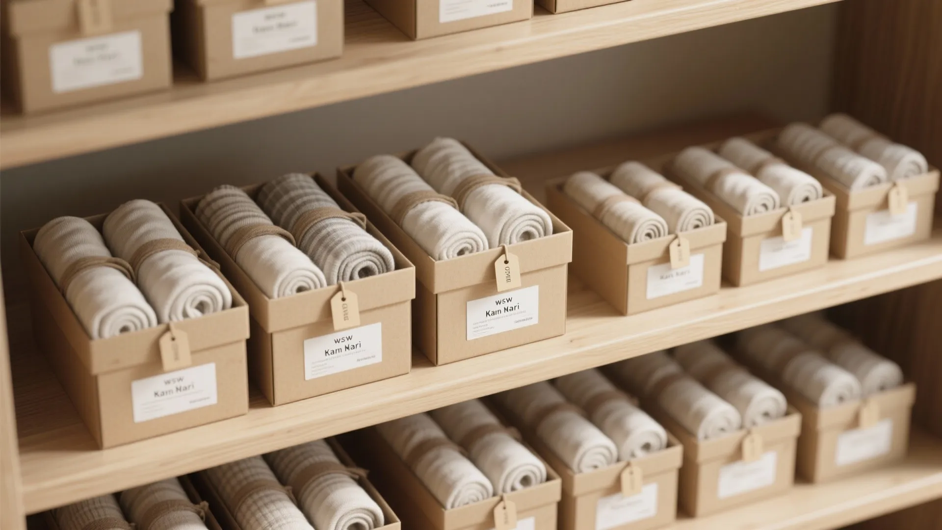 Top-down view of uniform labeled boxes with rolled fabric bundles neatly organized on a shelf.