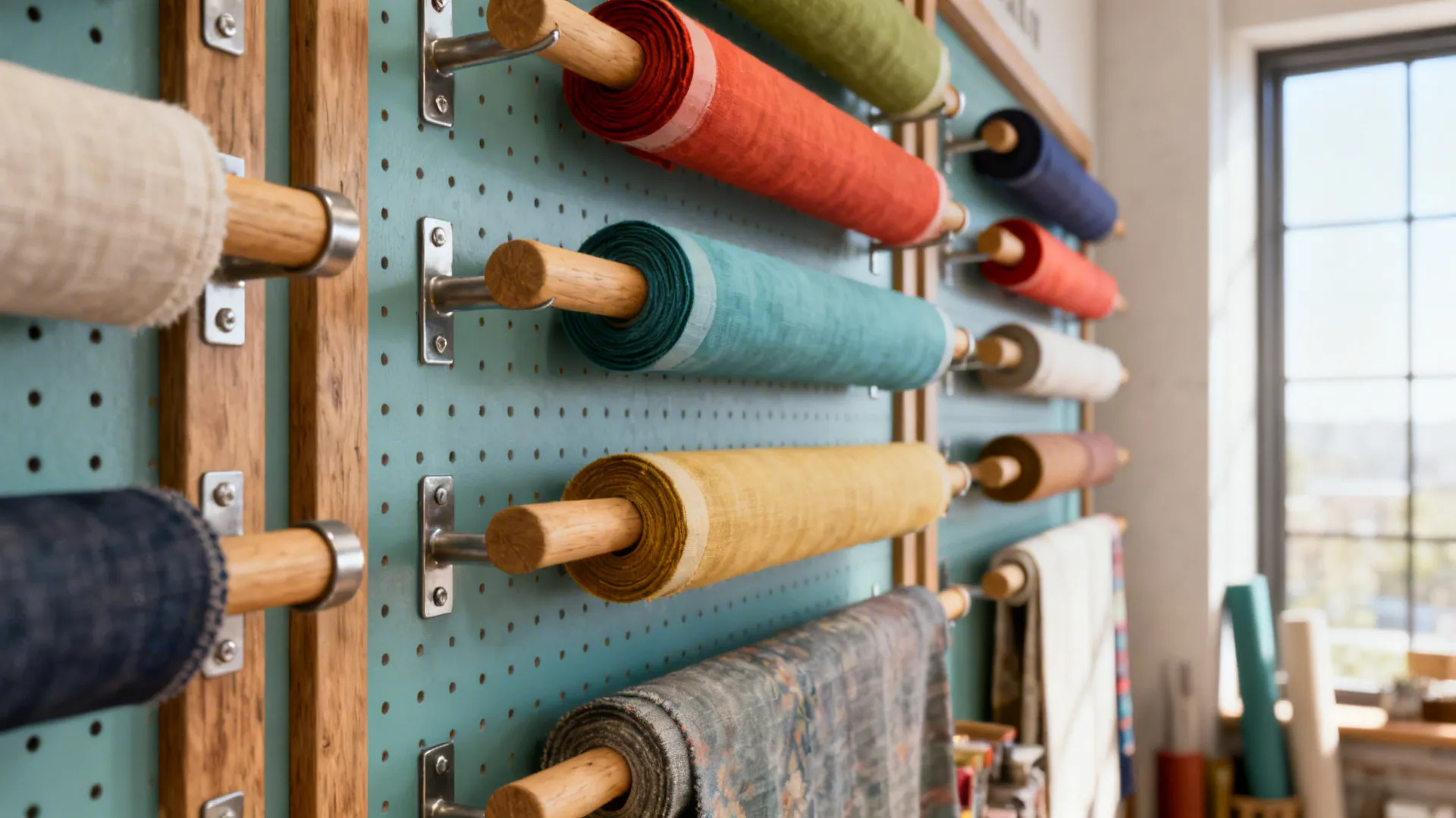 Rolled fabrics displayed on dowels mounted to a pegboard wall in a small studio.