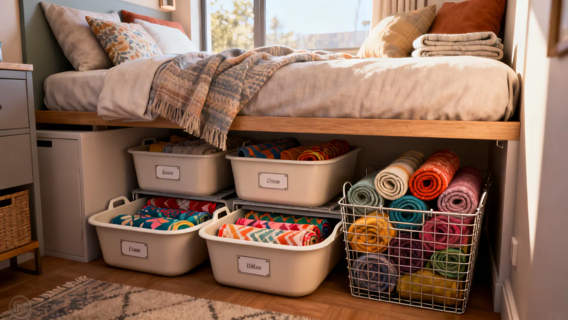 Shallow tubs and wire baskets with neatly rolled fabrics stored under a daybed