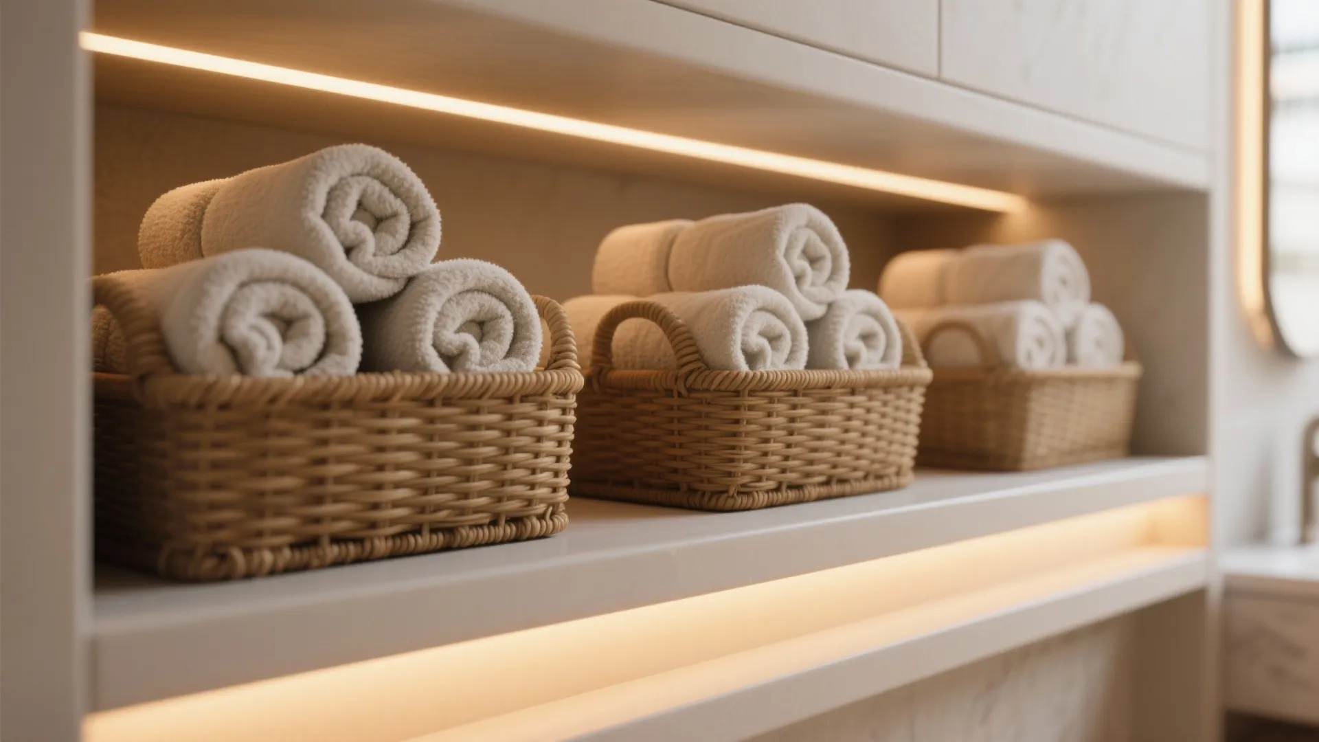 5. Rolled Towels in Baskets with Accent Lighting