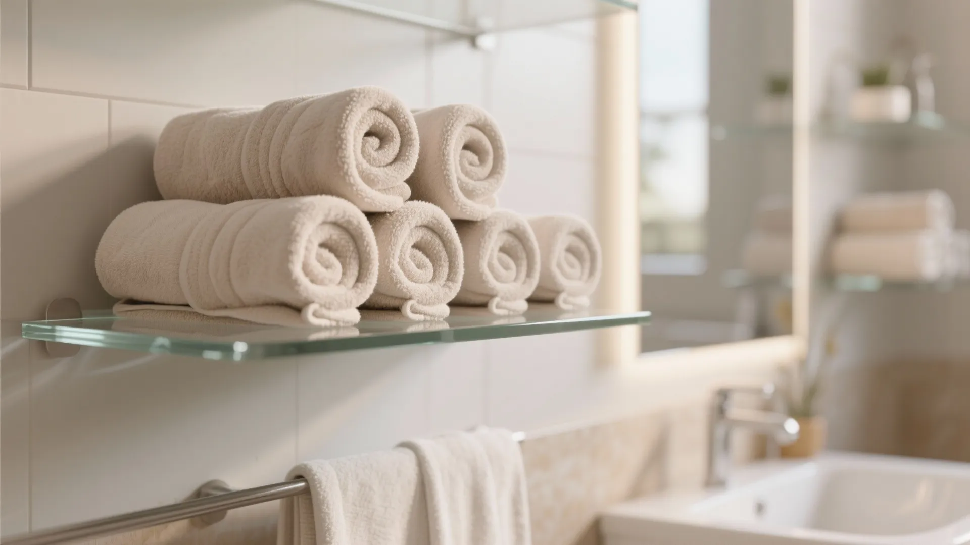 Soft beige rolled towels stacked on a glass shelf in a bright and clean bathroom