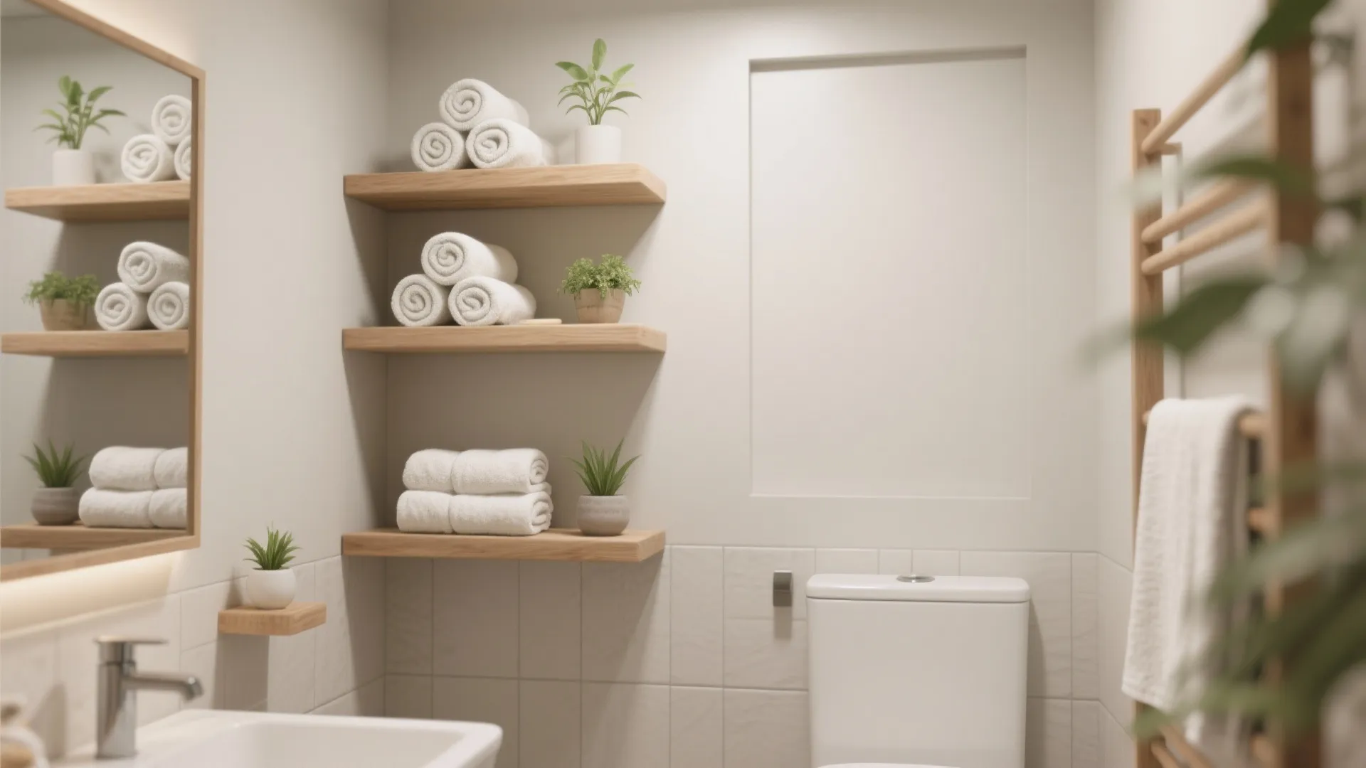 Bright bathroom with wooden open shelves holding rolled white towels and small green potted plants decor