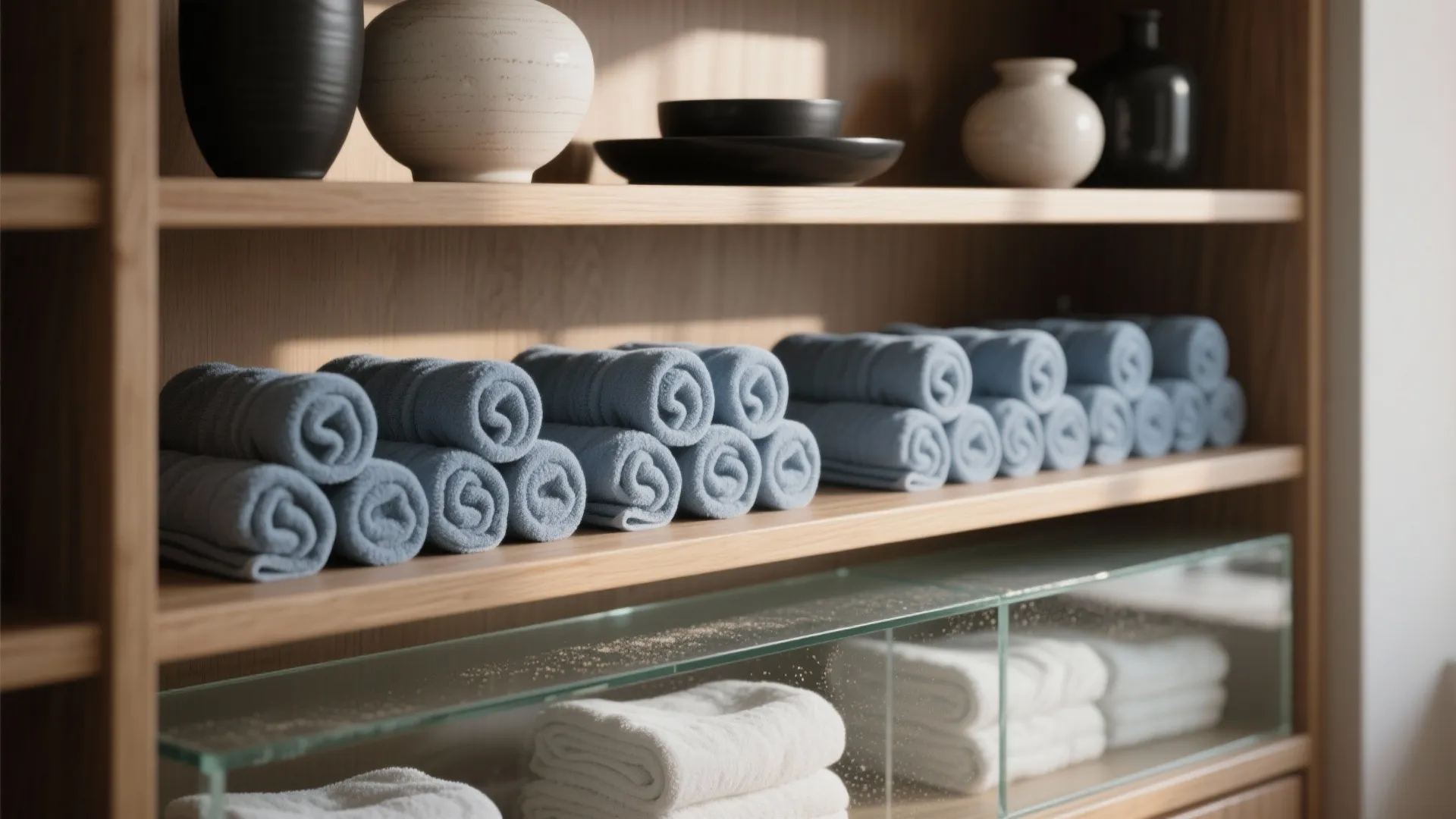 4. Rolled Towels in Open Shelves