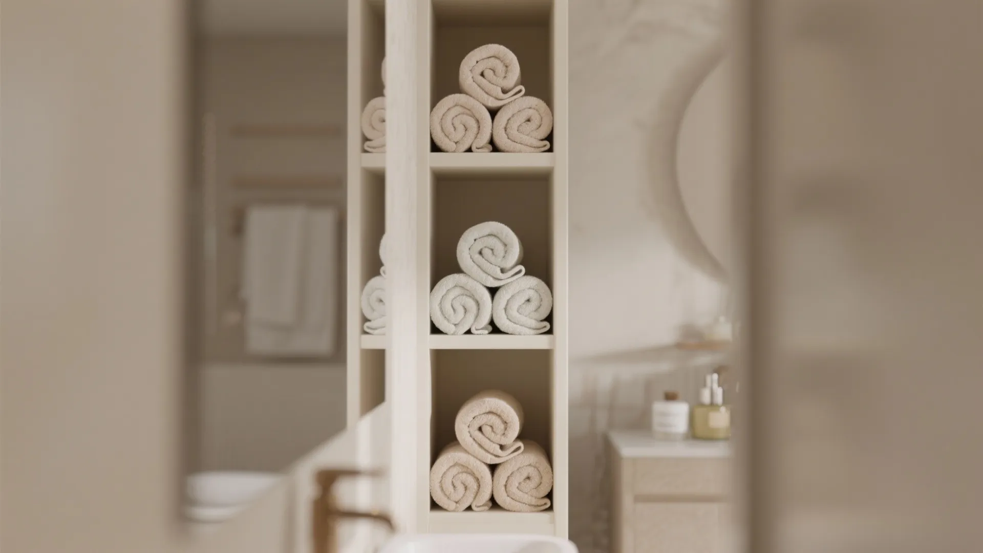 Neutral bathroom shelf storage showing neatly rolled beige towels stacked in minimalist wooden cubby holes