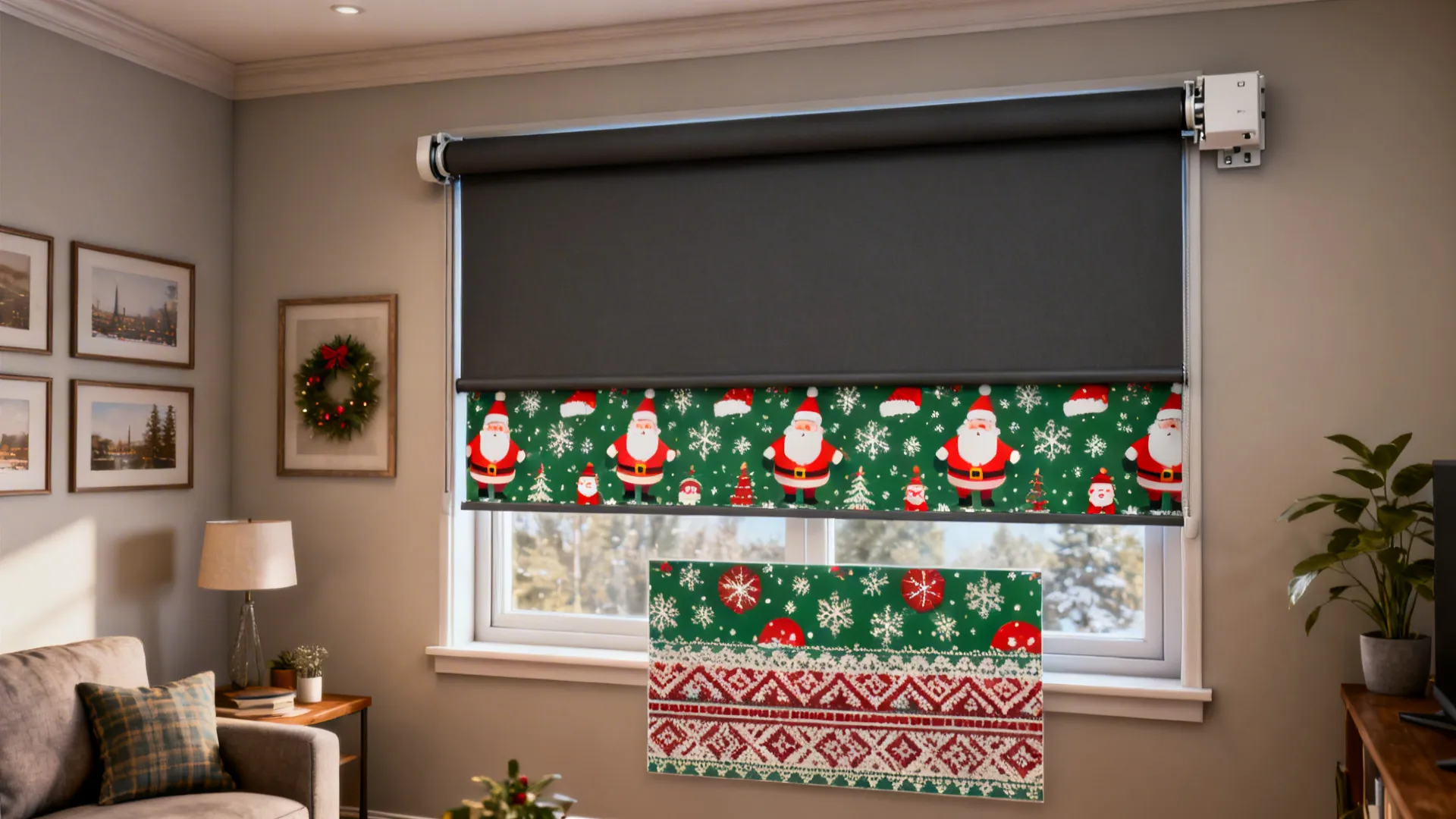 Living room window featuring black roller blinds and festive Christmas pattern panels with Santa Claus